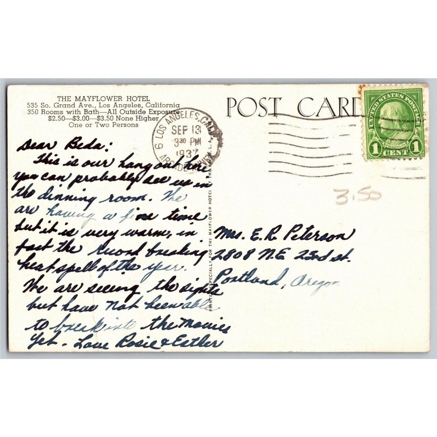 Mayflower Hotel Los Angeles, Cal Postcard c193? PM Multiview w/ Rates