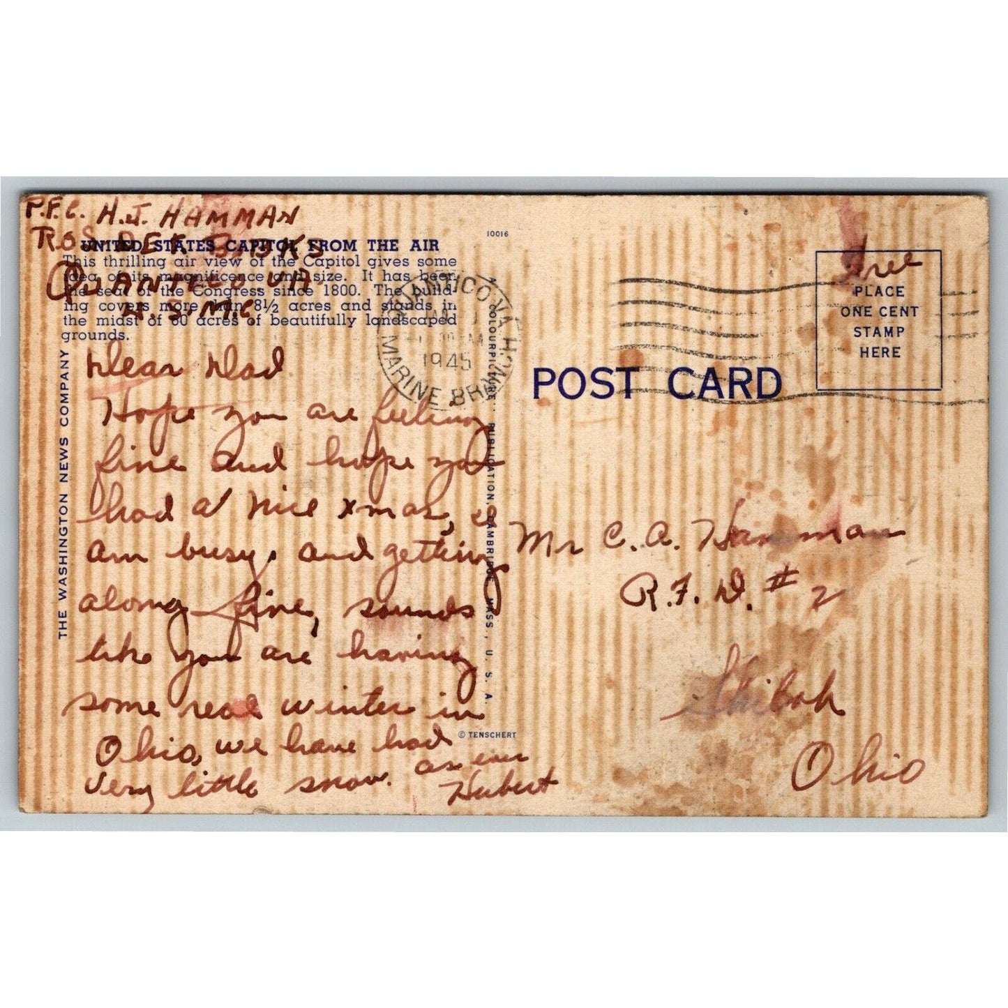 Vintage Linen Postcard U.S .Capitol From The Air Washington, DC -1945