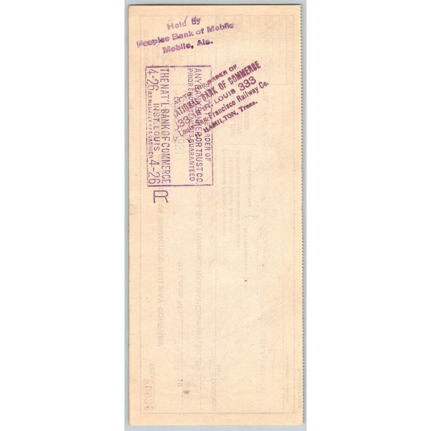 St. Louis - San Francisco Railway Railroad 1921 Bank Check VGC