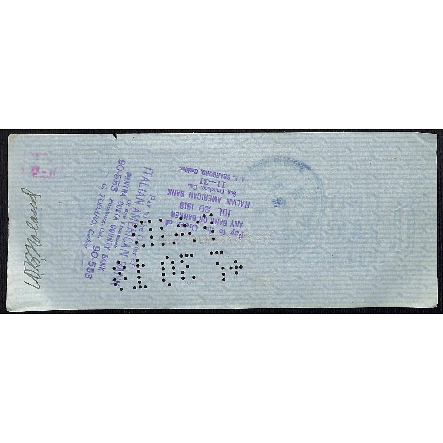 1918 Oakland, Antioch & Eastern Railway Security Bank Check Oakland, CA #12 1