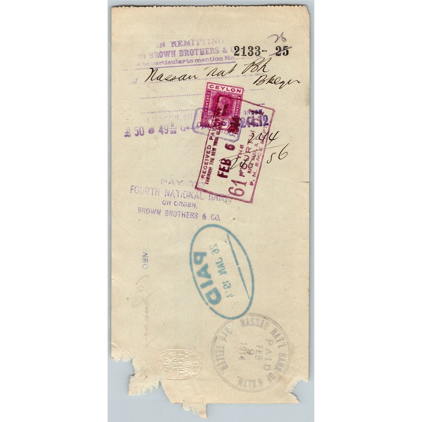 1914 Brown & Shipley Co. London // Thomas Cook & Son Bank Check w/ Tax Stamps