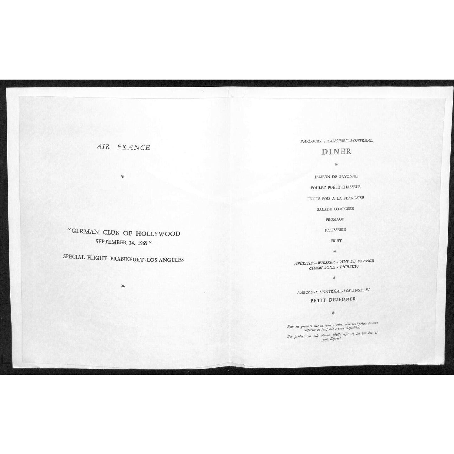 1965 Air France "German Club of Hollywood" Special Flight Dinner Menu
