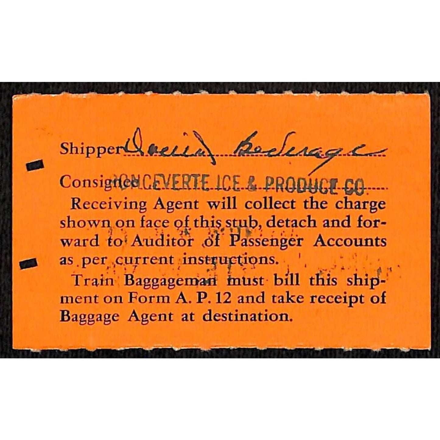 Chesapeake & Ohio Railway "One Can" Dairy Ticket Ron Ceverte Ice Produce W. Va.