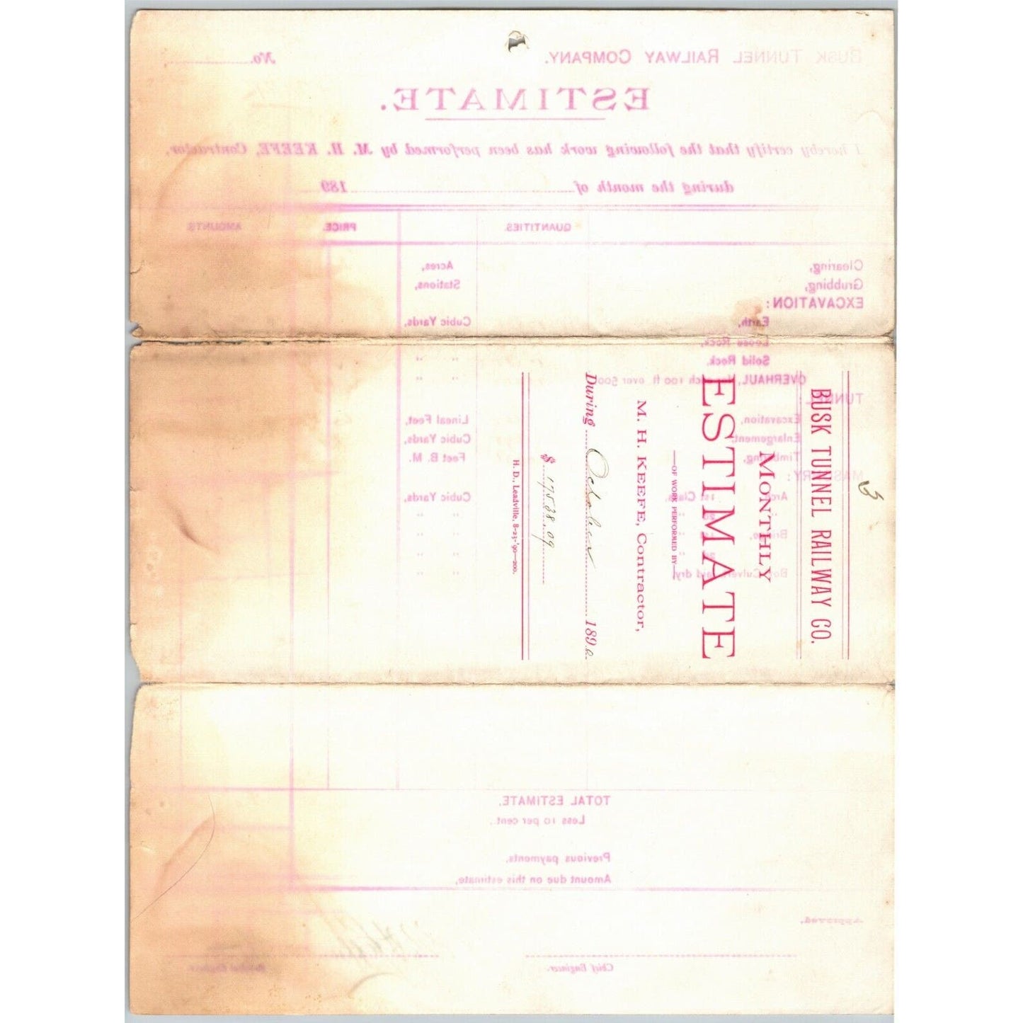 1890 Busk Tunnel Railway Co. (Near Leadville, CO) Estimate Letterhead M.H. Keefe