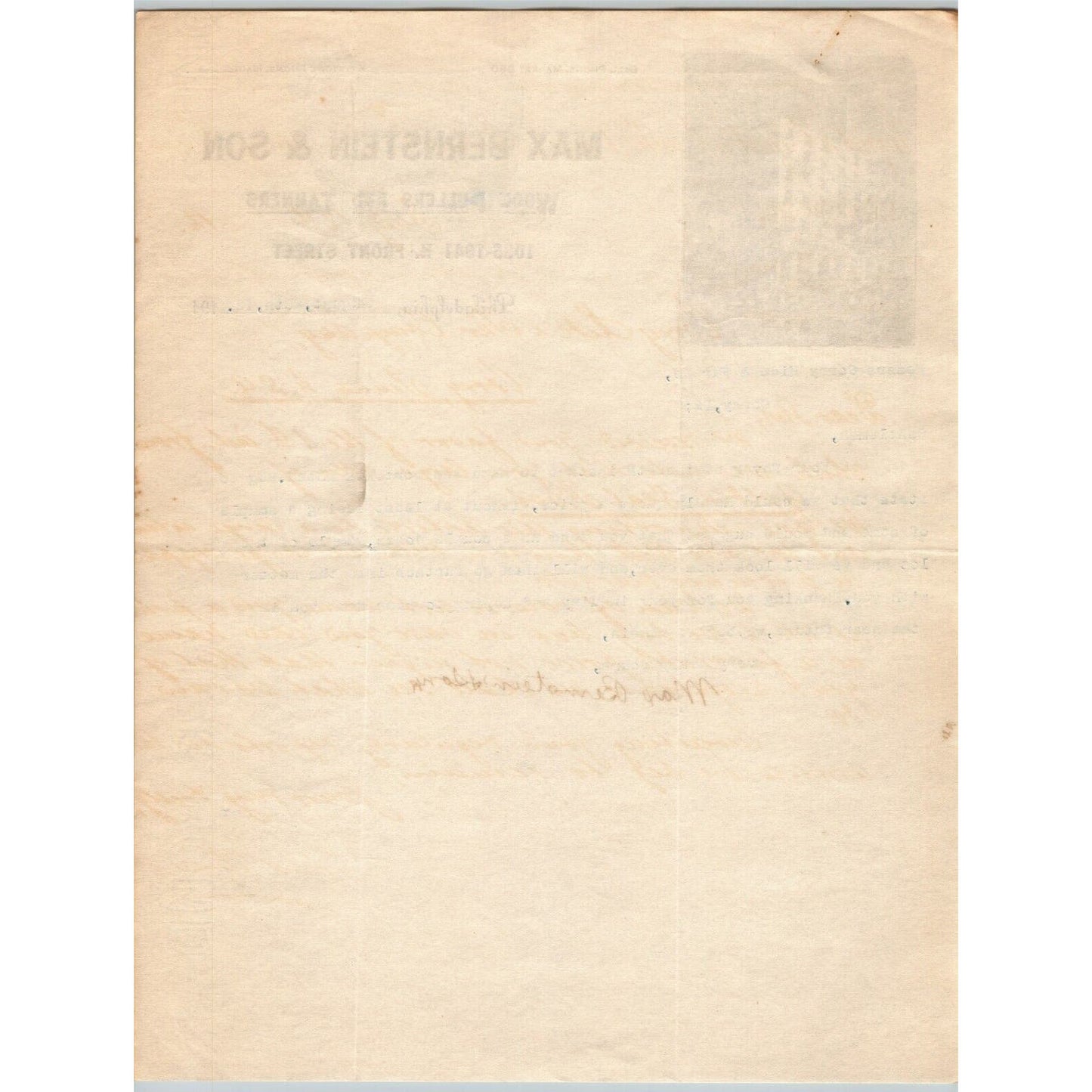 Max Bernstein & Son 1912 Philadelphia, PA Letterhead Wool Pullers and Tanners