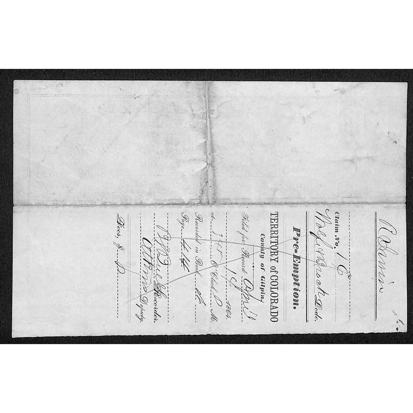 Territory of Colorado Gilpin 1864 Wolfe & Brock Lode Discovery Claim Certificate