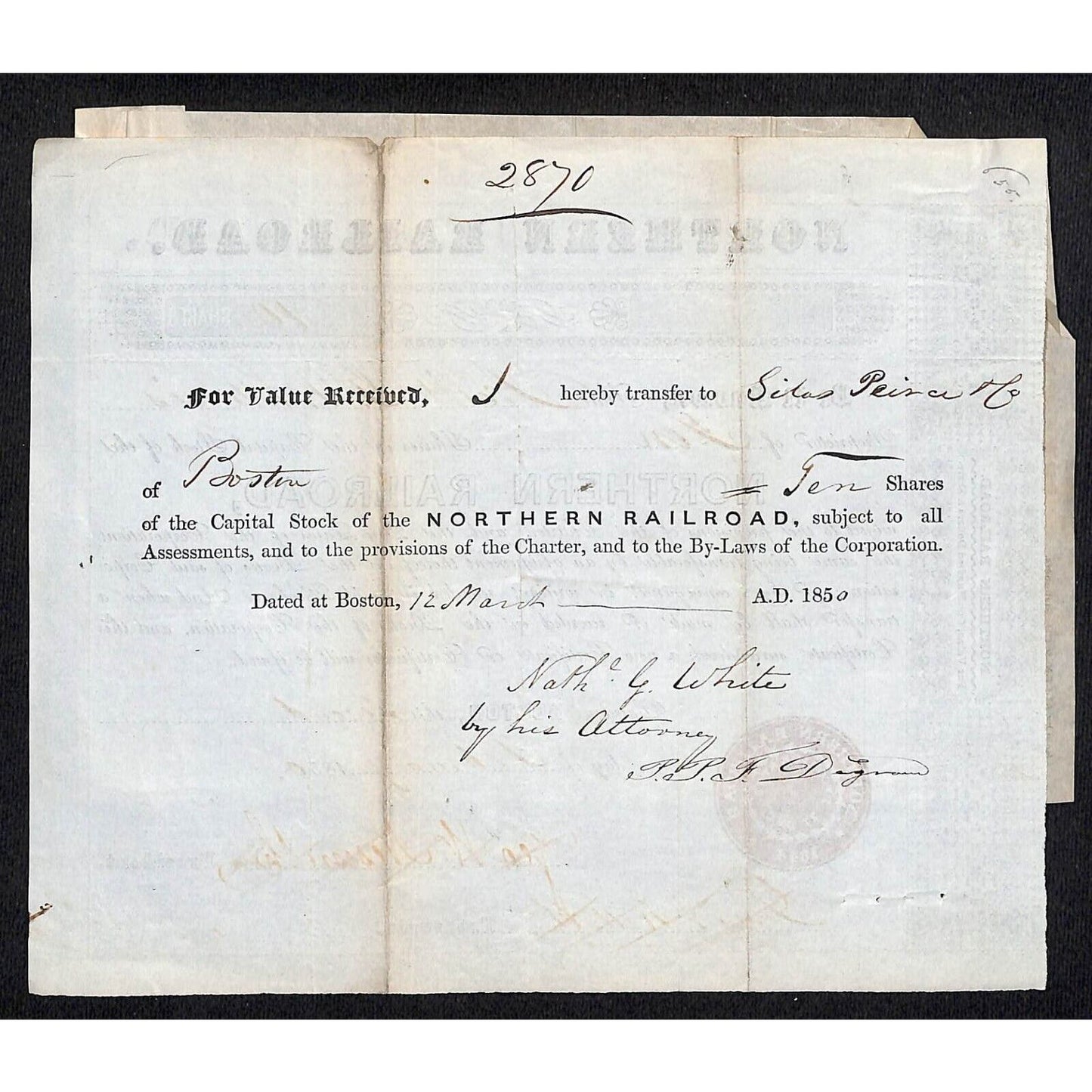 1850 Northern Railroad Stock Certificate w/ Affixed Power of Attorney Document