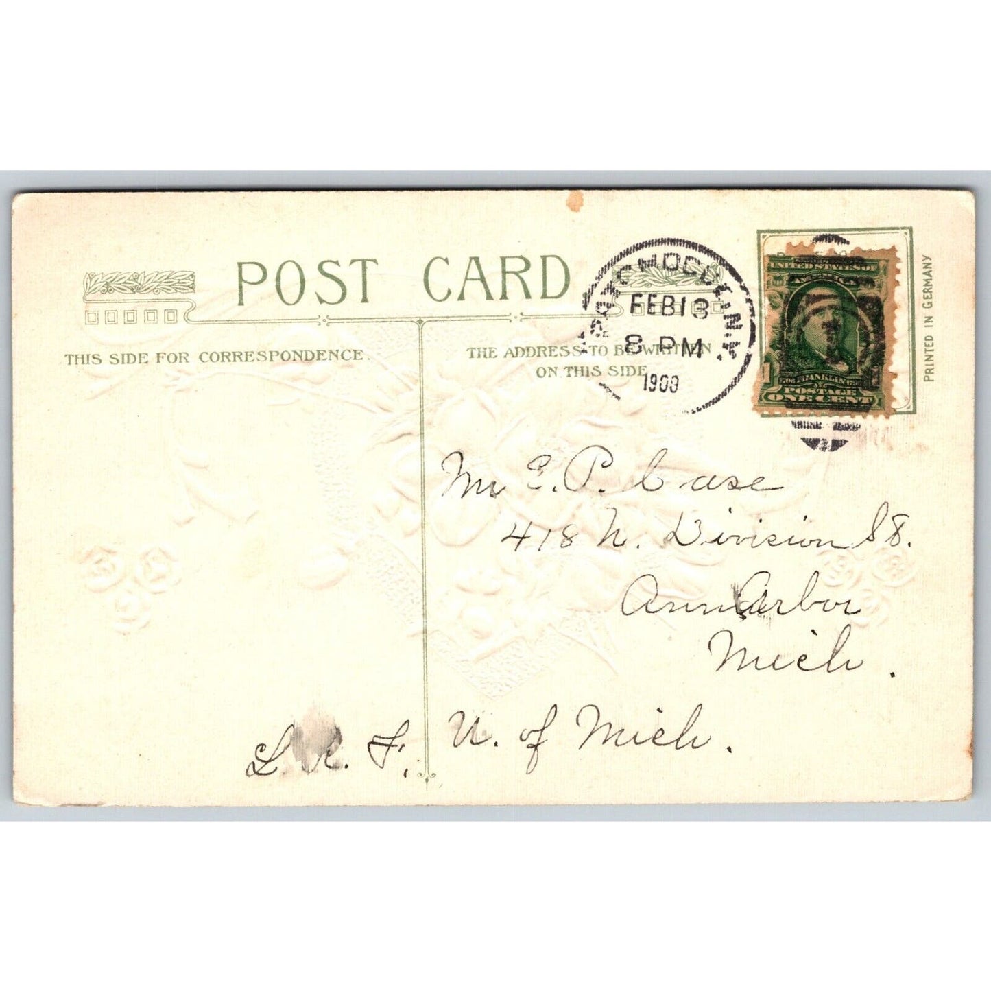 Romantic Postcard "A Loving Thought" Floral w/ Heart Embossed PM 1909