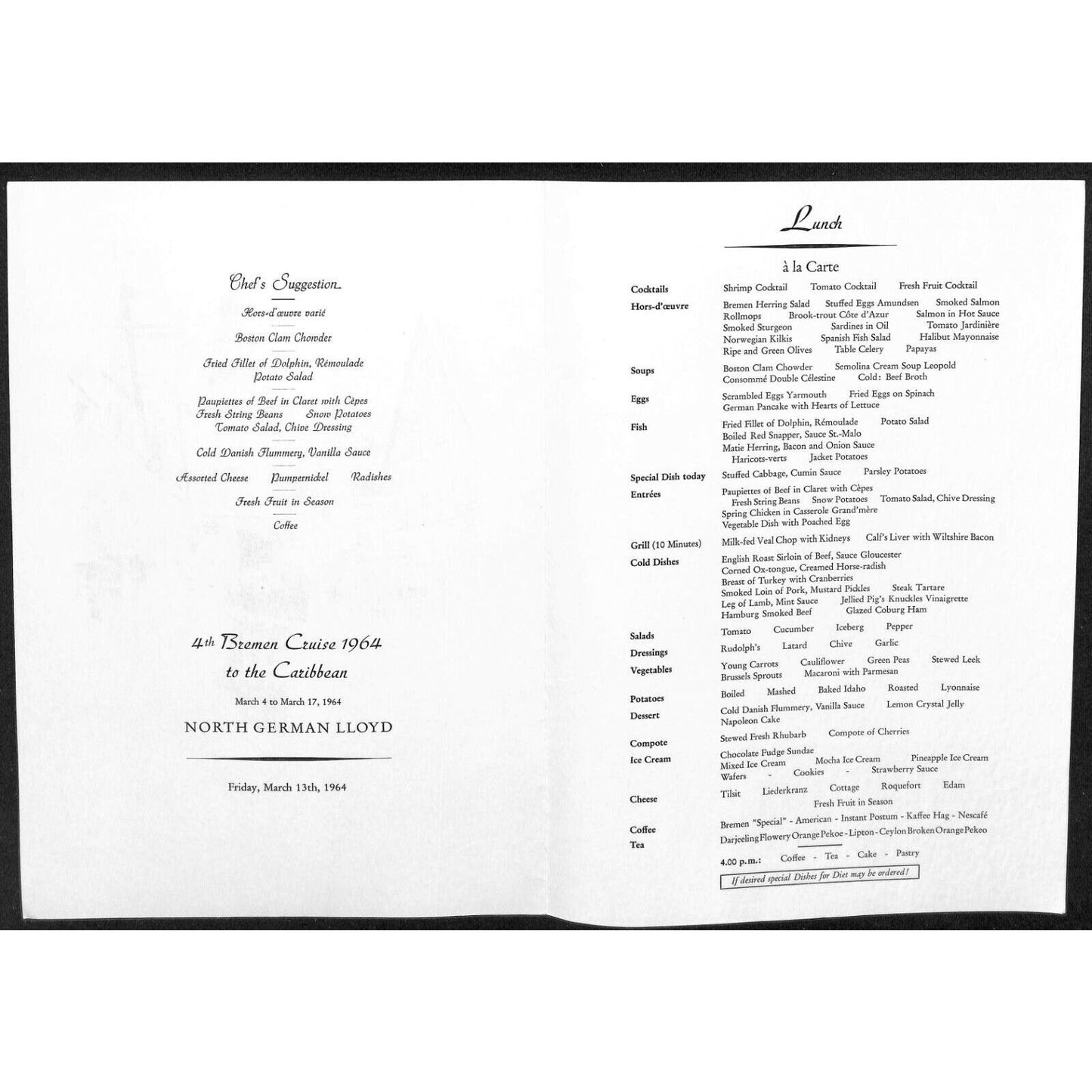 1964 North German Lloyd Bremen Cruise Line Lunch Menu Mar 13