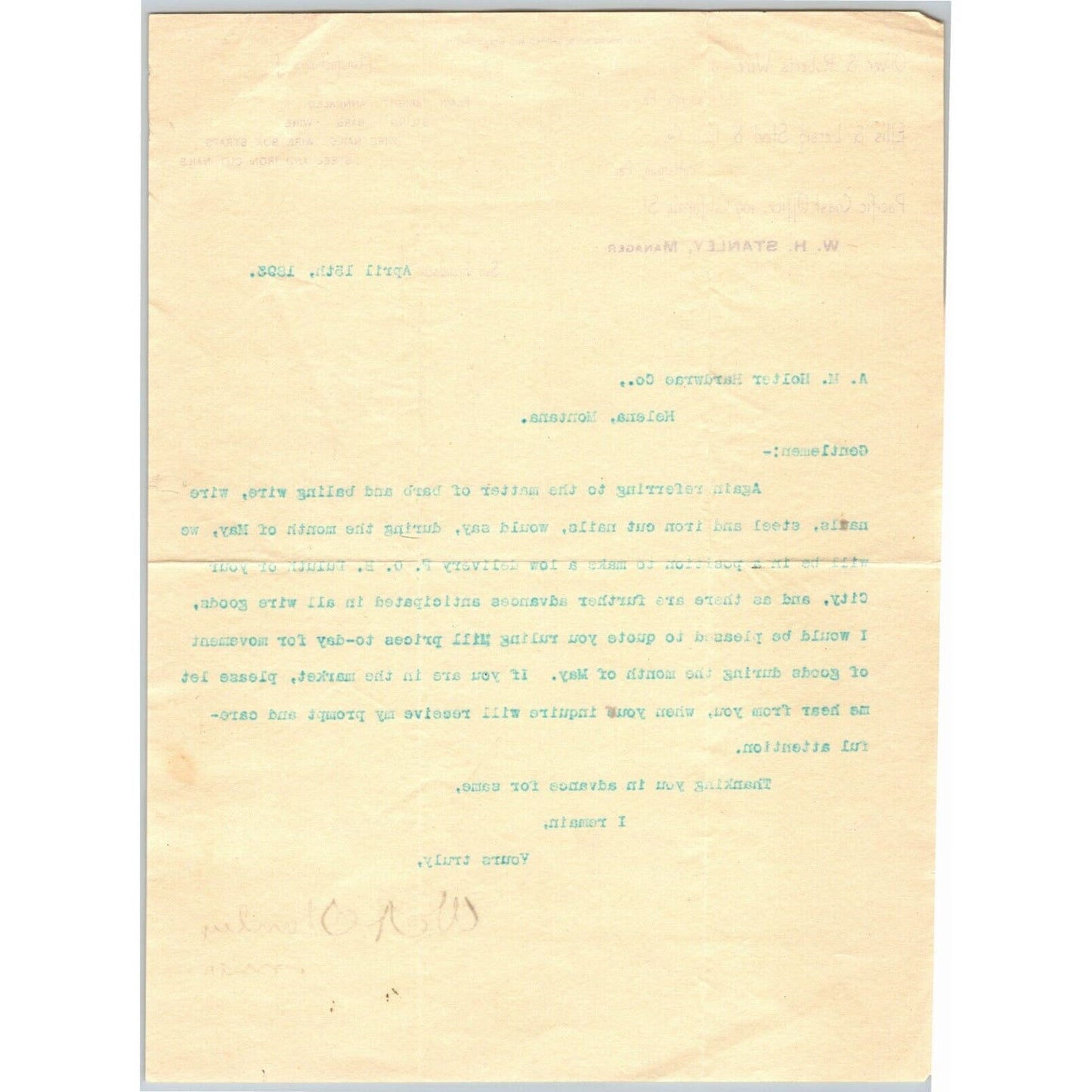 Oliver & Roberts Wire Co. San Francisco 1893 Letterhead Holter Hardware Helena