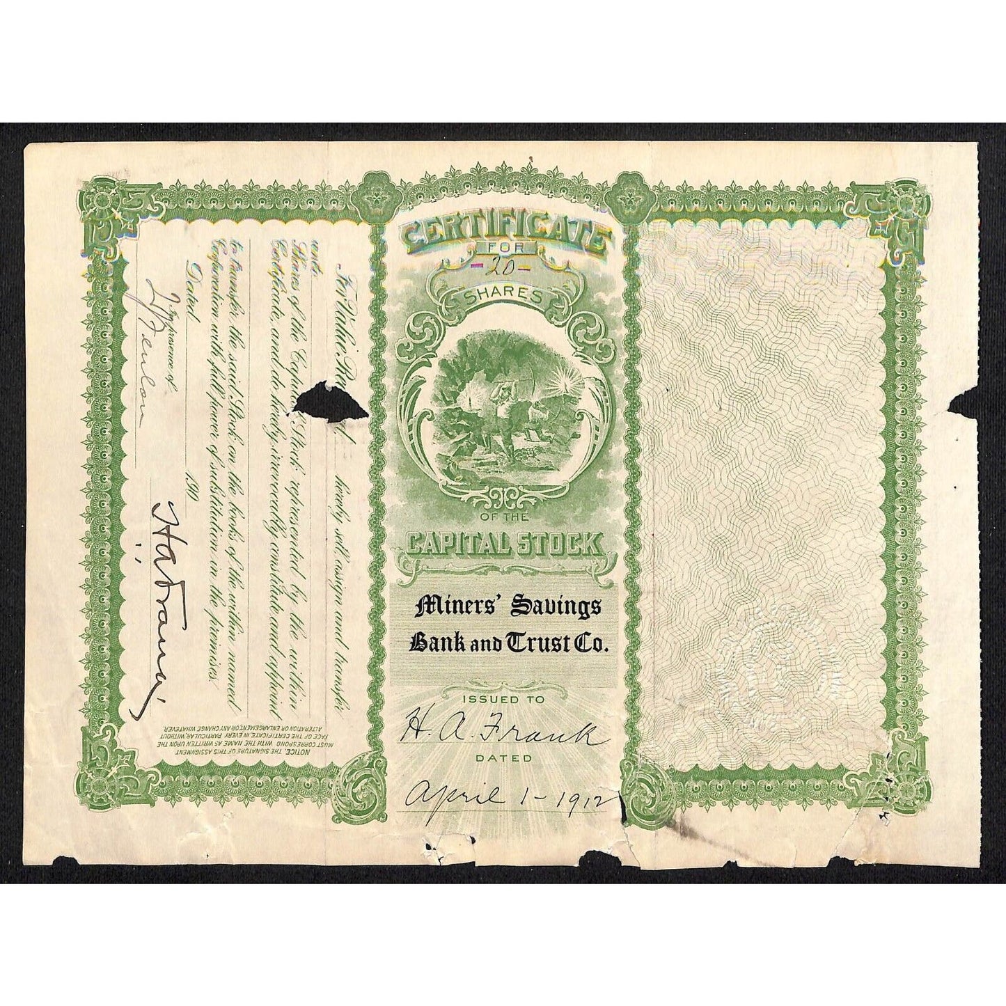 Butte, MT Miner's Savings Bank and Trust Co. 1902 Stock Certificate Cert # 185