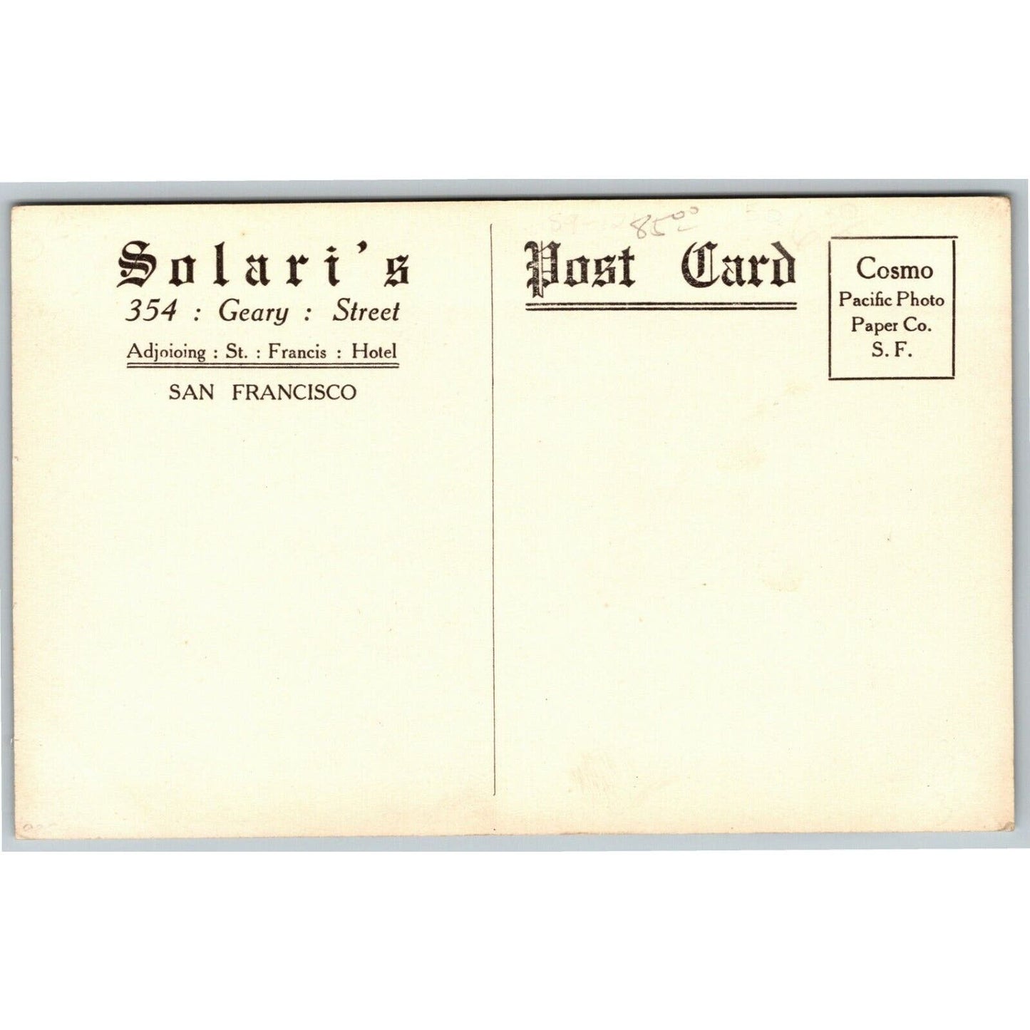 Vintage RPPC* Postcard Solari's Restaurant / St. Francis Hotel SF Calif c1910-15