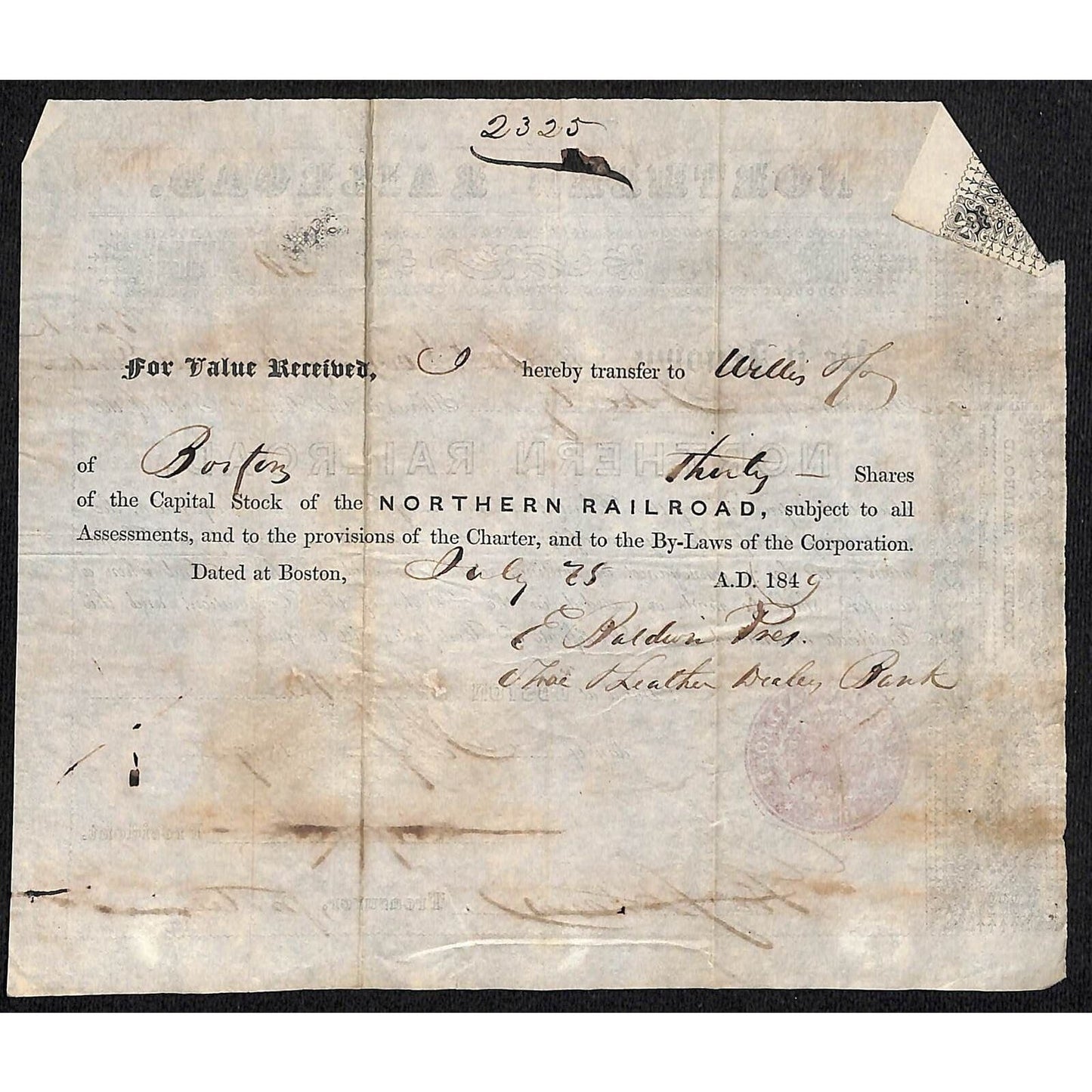 1849 Boston, MA Northern Railroad Stock Certificate No. 7203 for 30 Shares