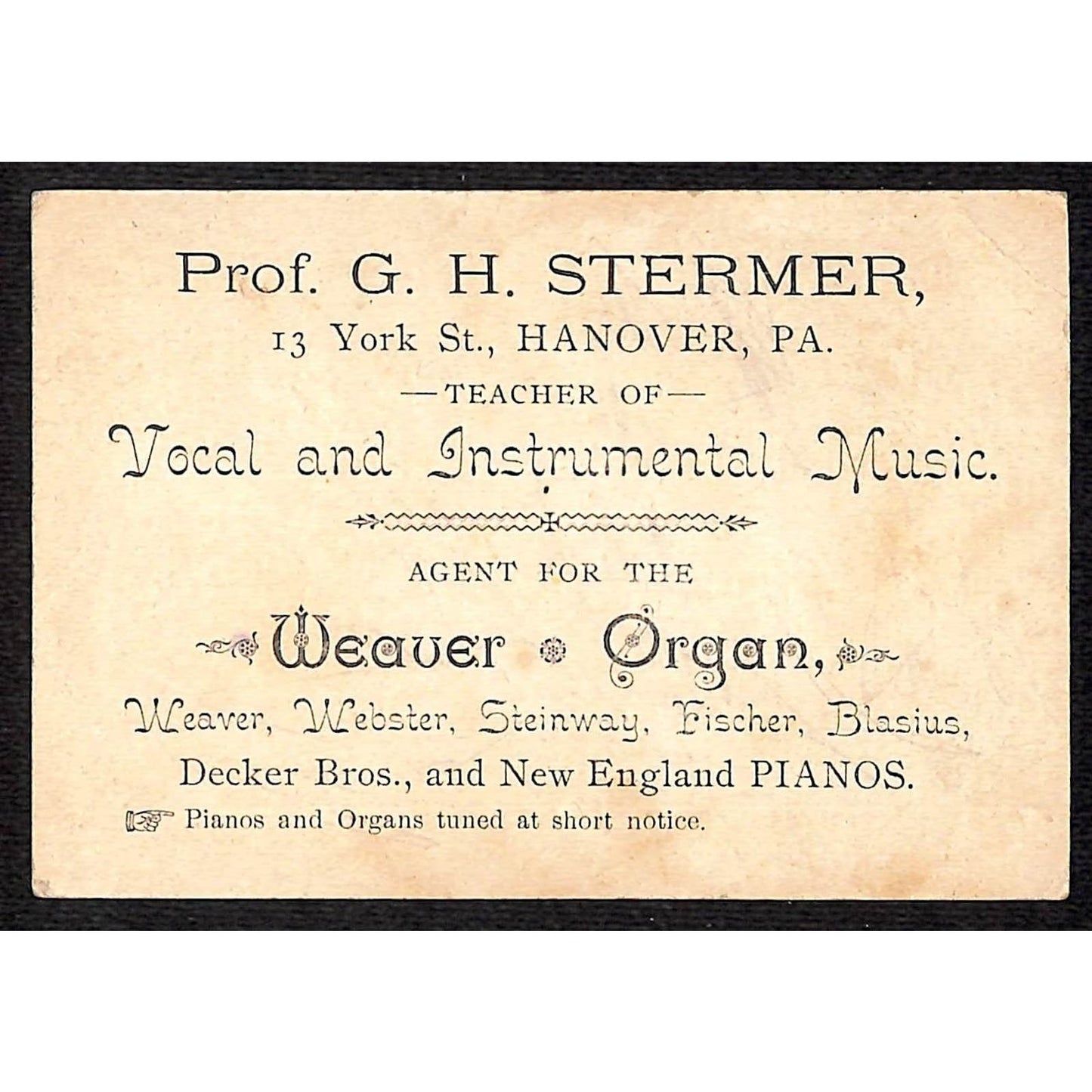 G.H. Stermer Music Hanover, PA Victorian Trade Card Infant Riding Dove? Bird