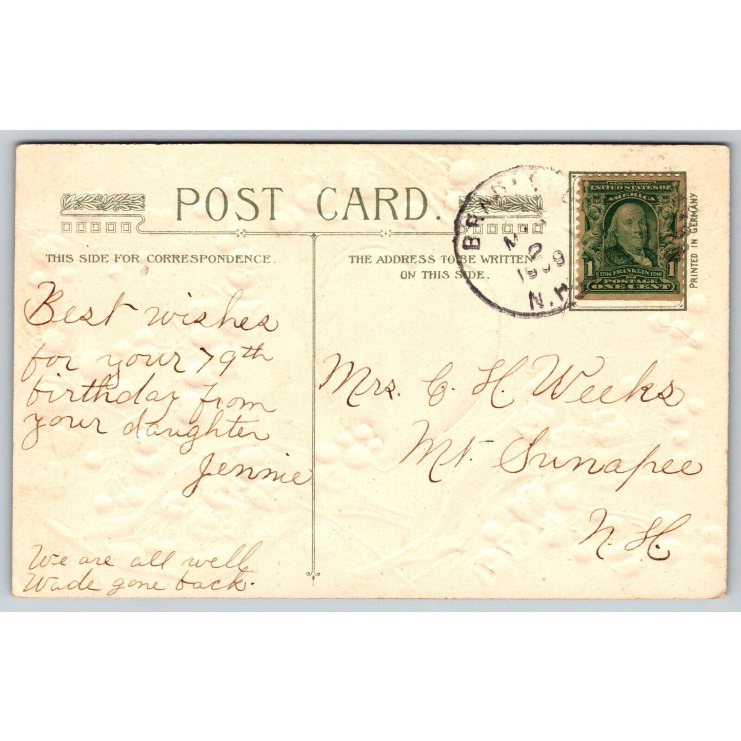 Romantic Postcard "A Loving Thought" Floral w/ Hearts Embossed PM 1909