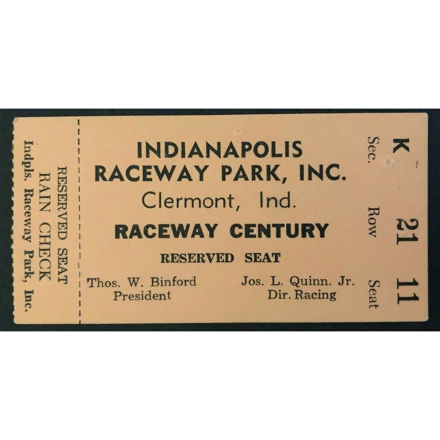 c1964-65 Indianapolis Raceway Park "Raceway Century" Ticket Stub - VGC
