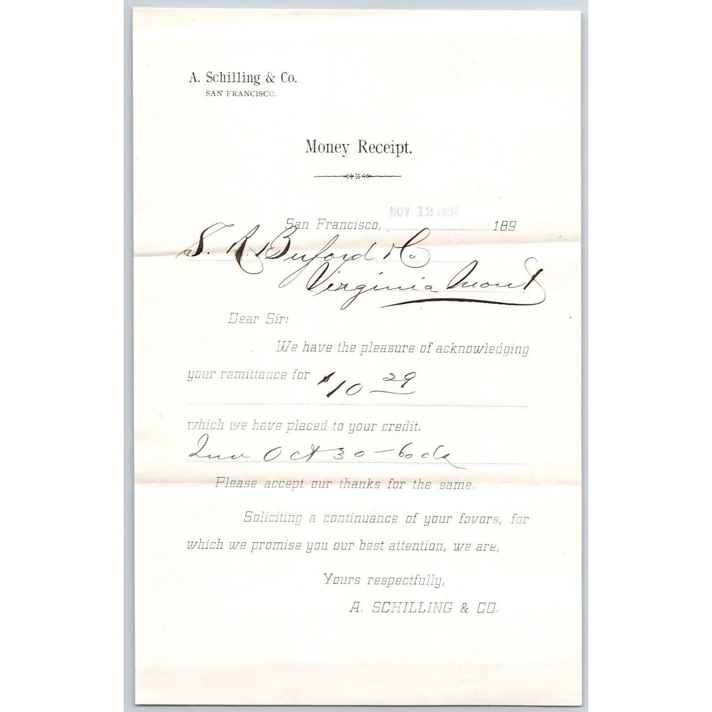 A. Schilling & Co. (Coffee Tea Spices) Buford 1895 Billhead / Receipt