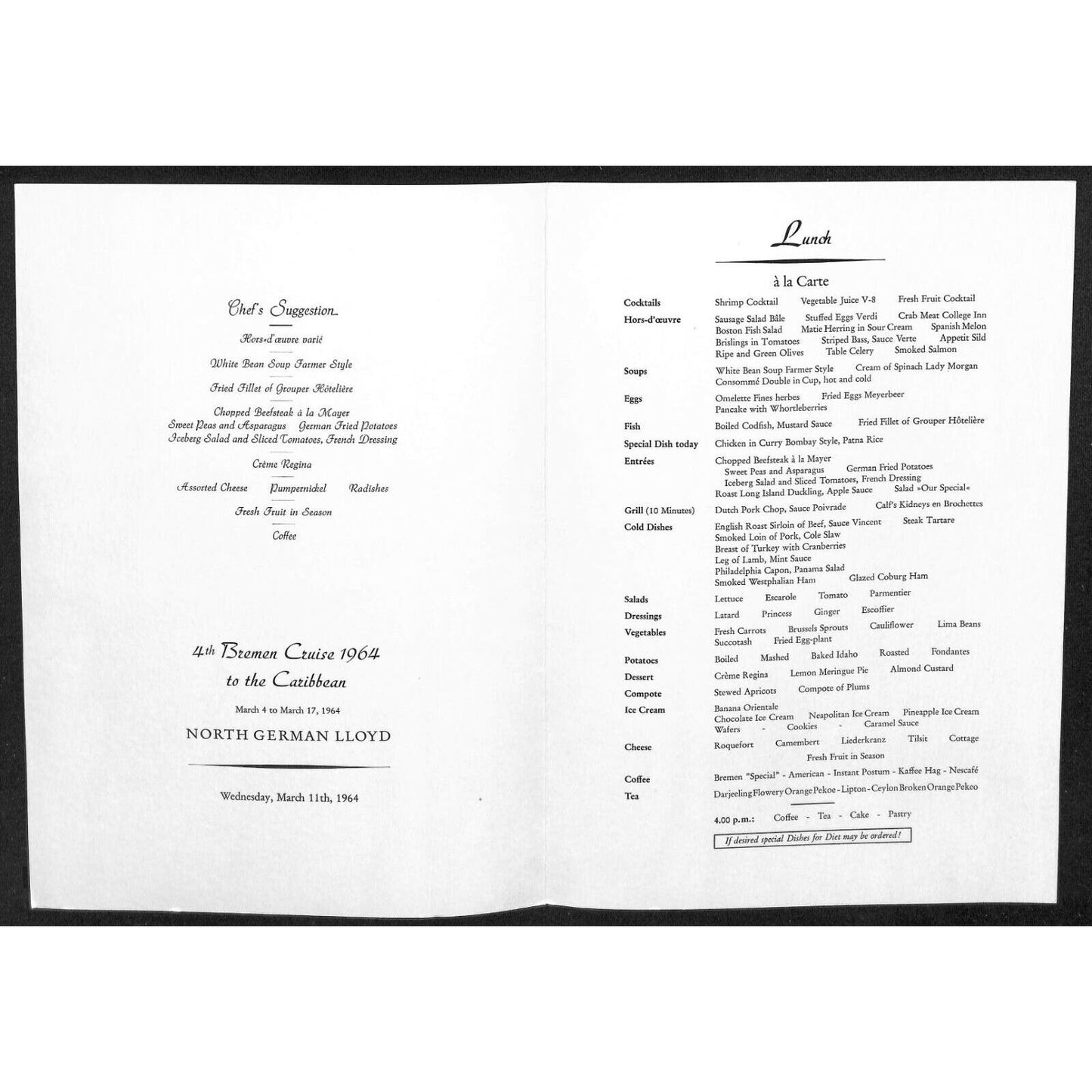 1964 North German Lloyd Bremen Cruise Line Lunch Menu Mar 11
