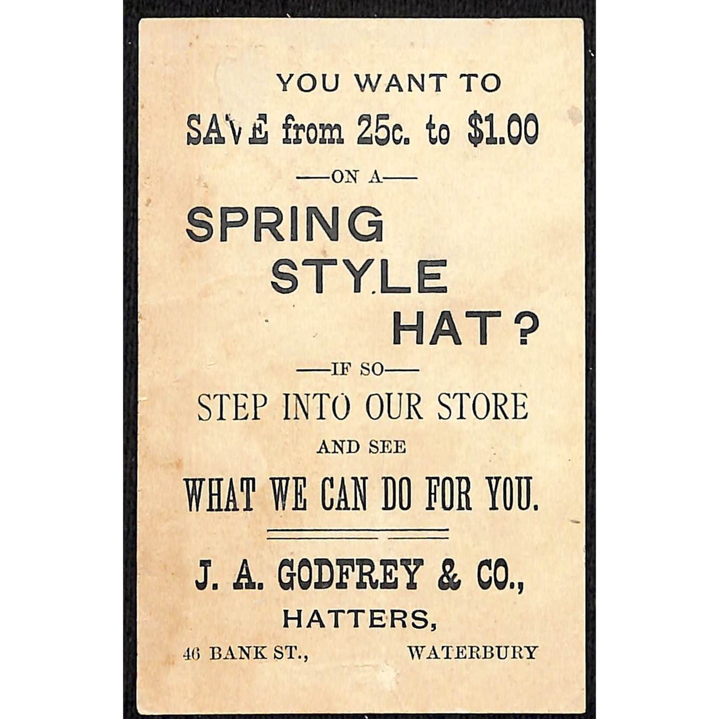J.A. Godfrey & Co. Hatters Waterbury CT Victorian Trade Card A Little Cock-Horse