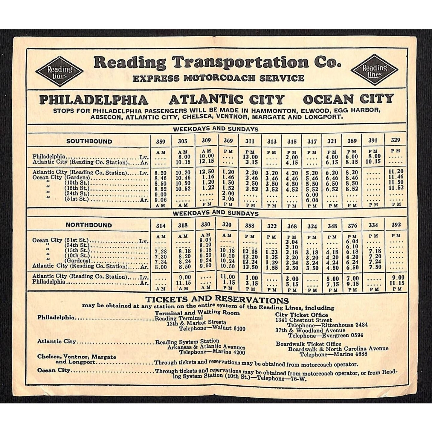 1929 Reading Seashore Motorcoach Service Transportation Folded Sheet Scarce VGC