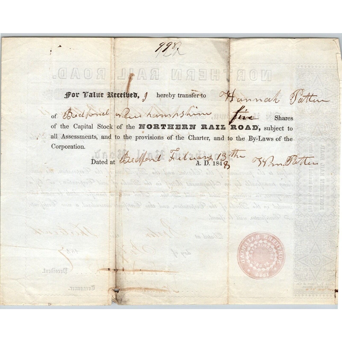 1847 Boston, MA Northern Railroad Stock Certificate No. 594 for 5 Shares