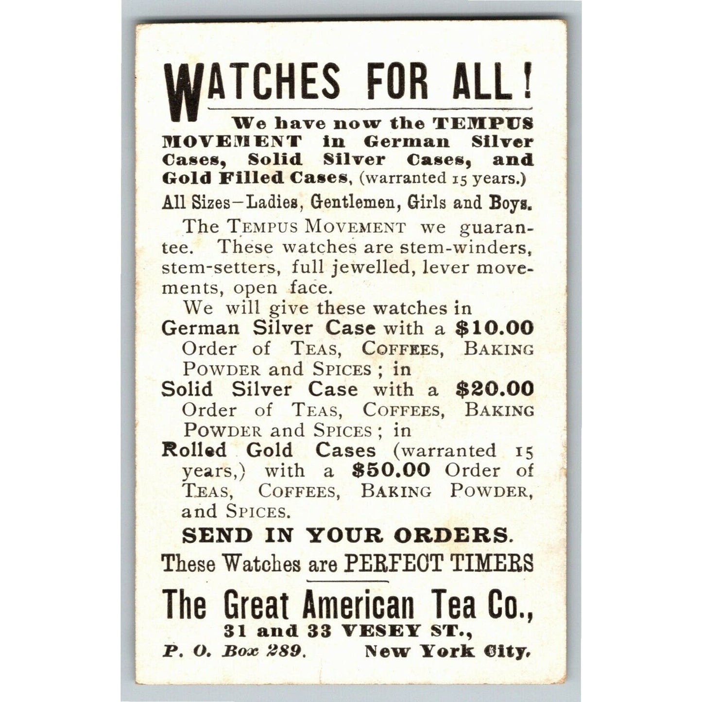 Victorian Trade Card - Great American Tea Co. - Gold & Silver Watch Offer