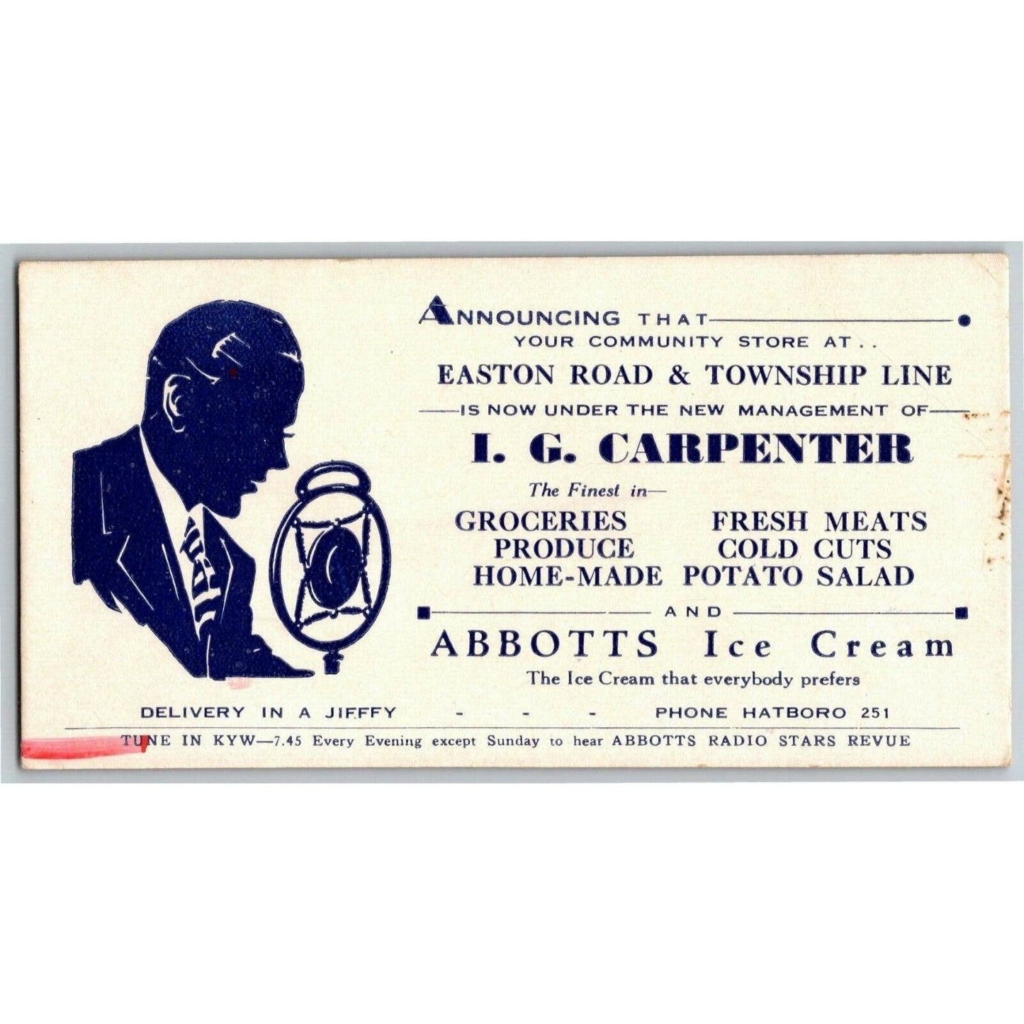 c1920's -1930's Ink Blotter I.G. Carpenter / Abbotts Ice Cream / KYW 7.45 Radio