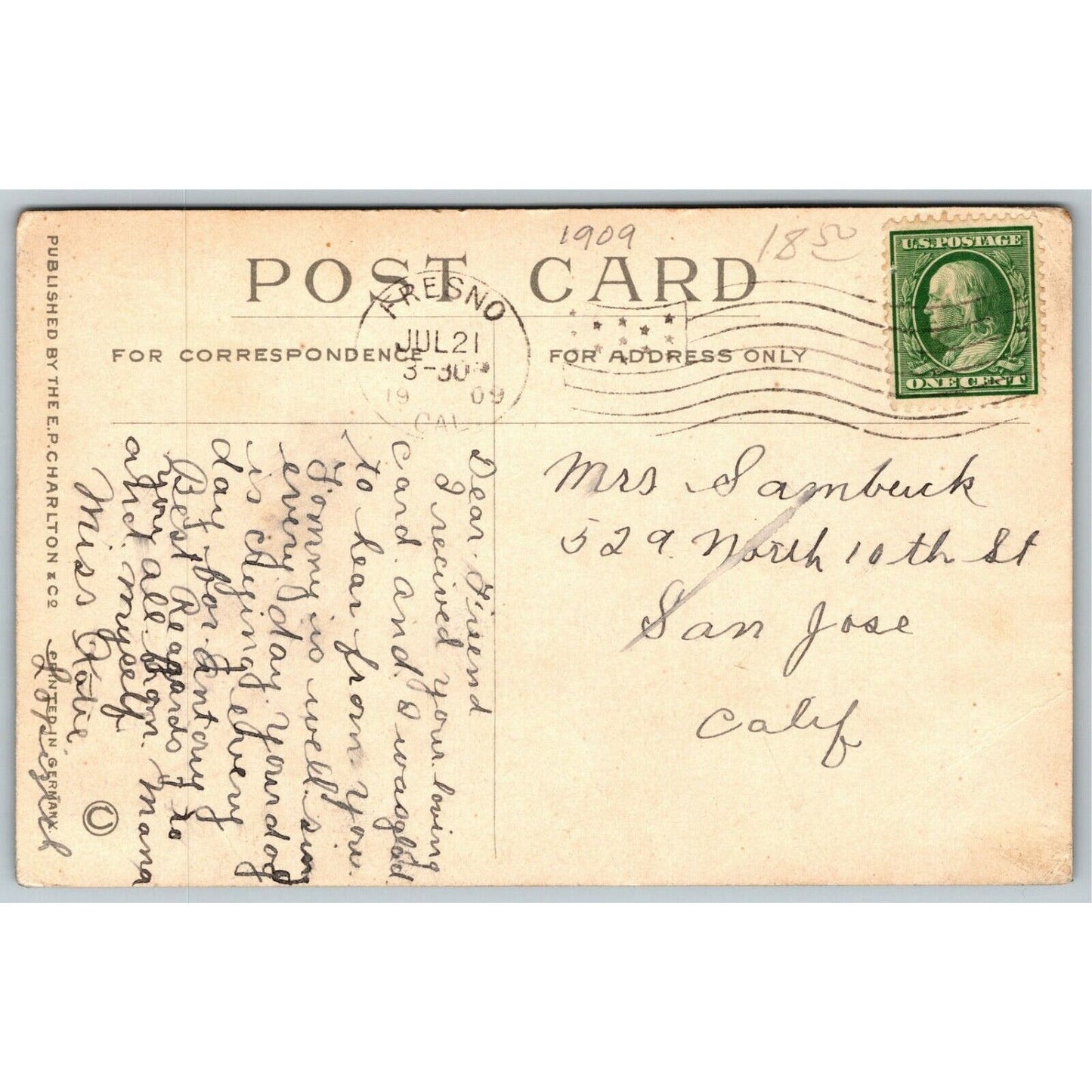 Vintage c1909 Postcard "High School Fresno, Cal" (w/ Hand Written Use Update)