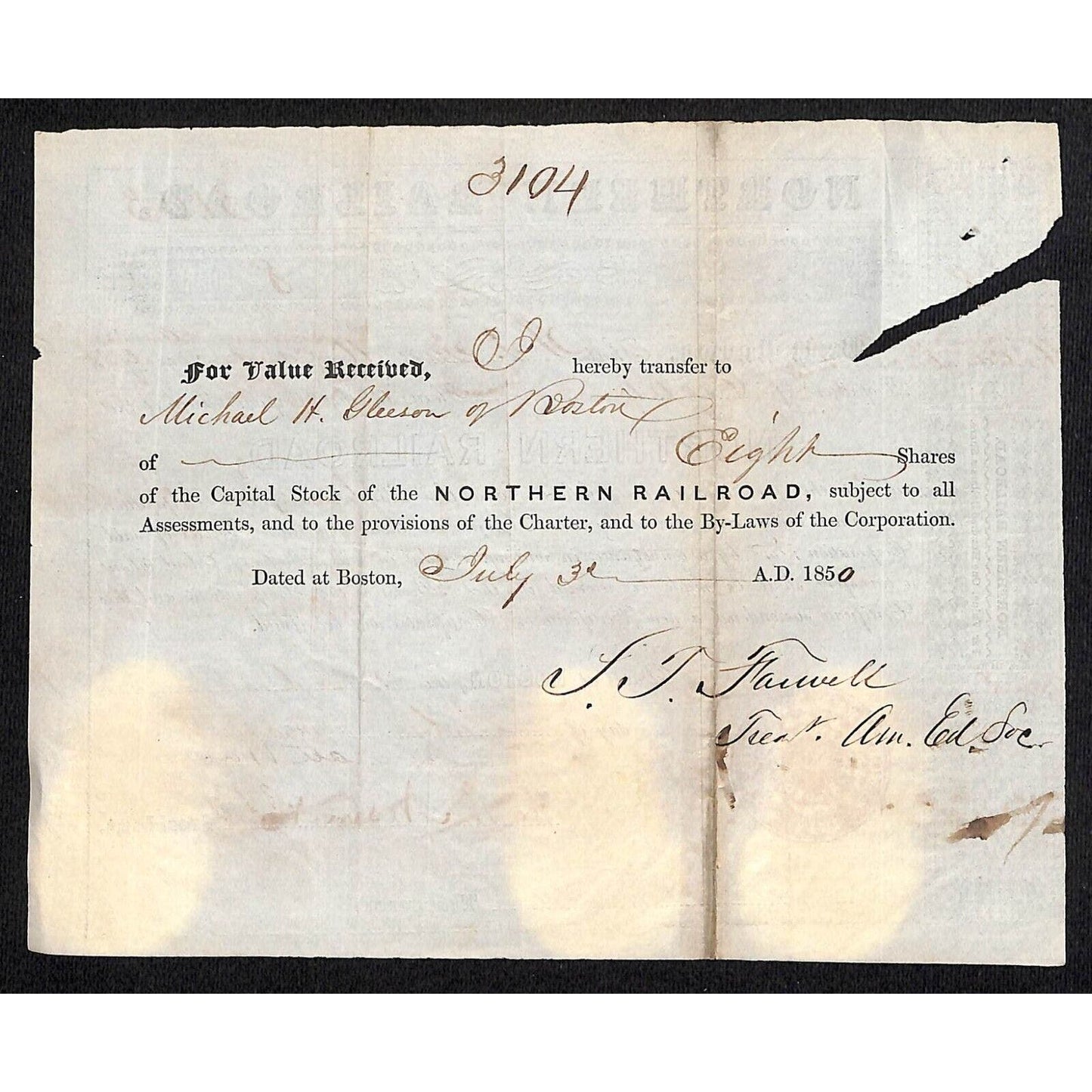 1850 Boston, MA Northern Railroad Stock Certificate No. 7795 for 8 Shares