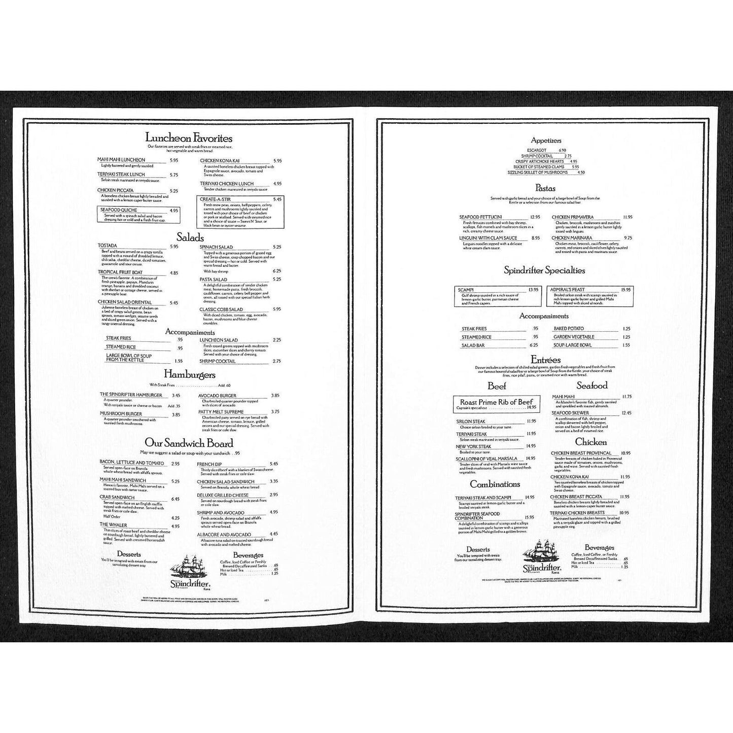 c1980's Spindrifter Restaurant Menu Kailua Kona Hawaii
