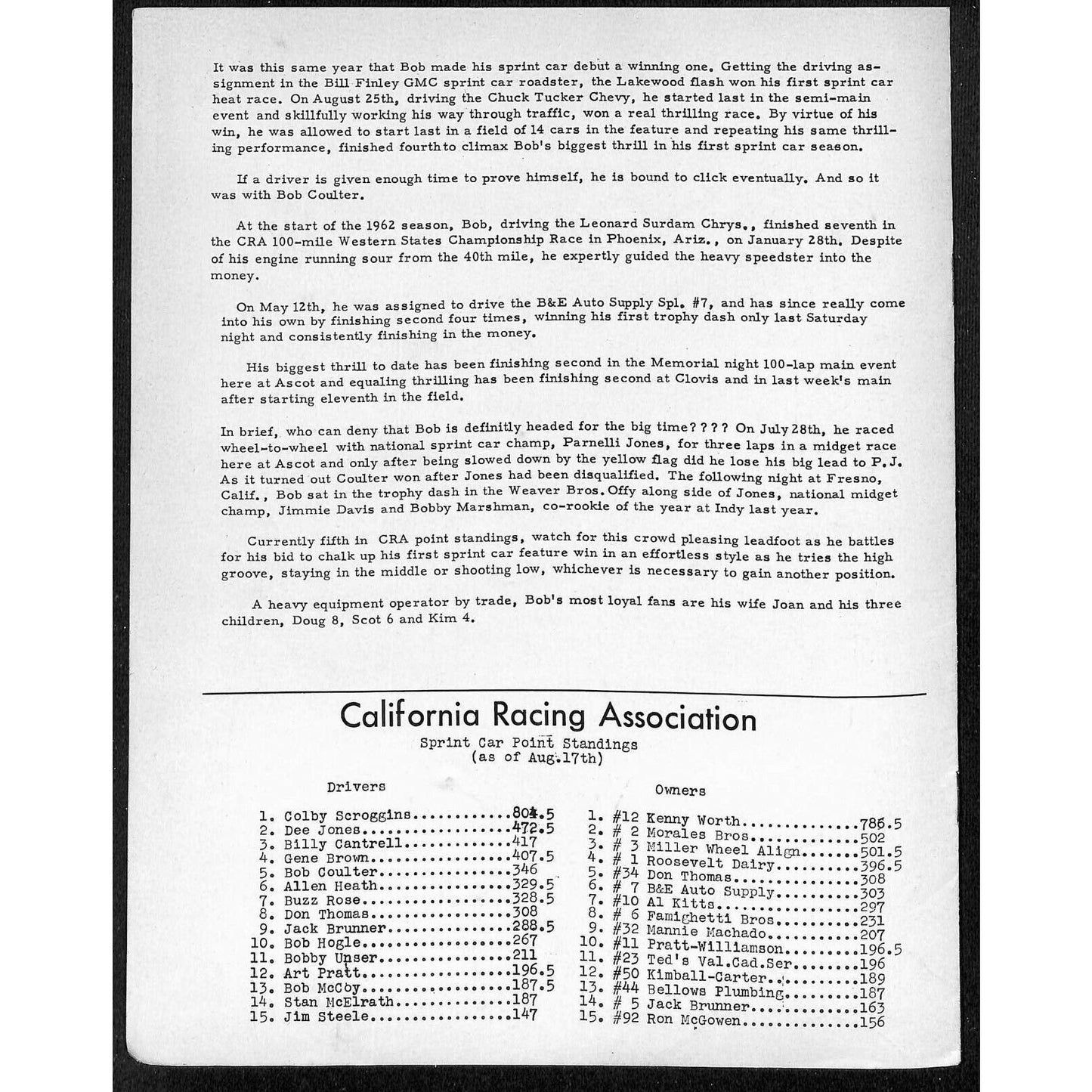 Scarce Aug 18 1962 CRA Big Car Races Auto Racing Program Ascot Bob Coulter 8pp.