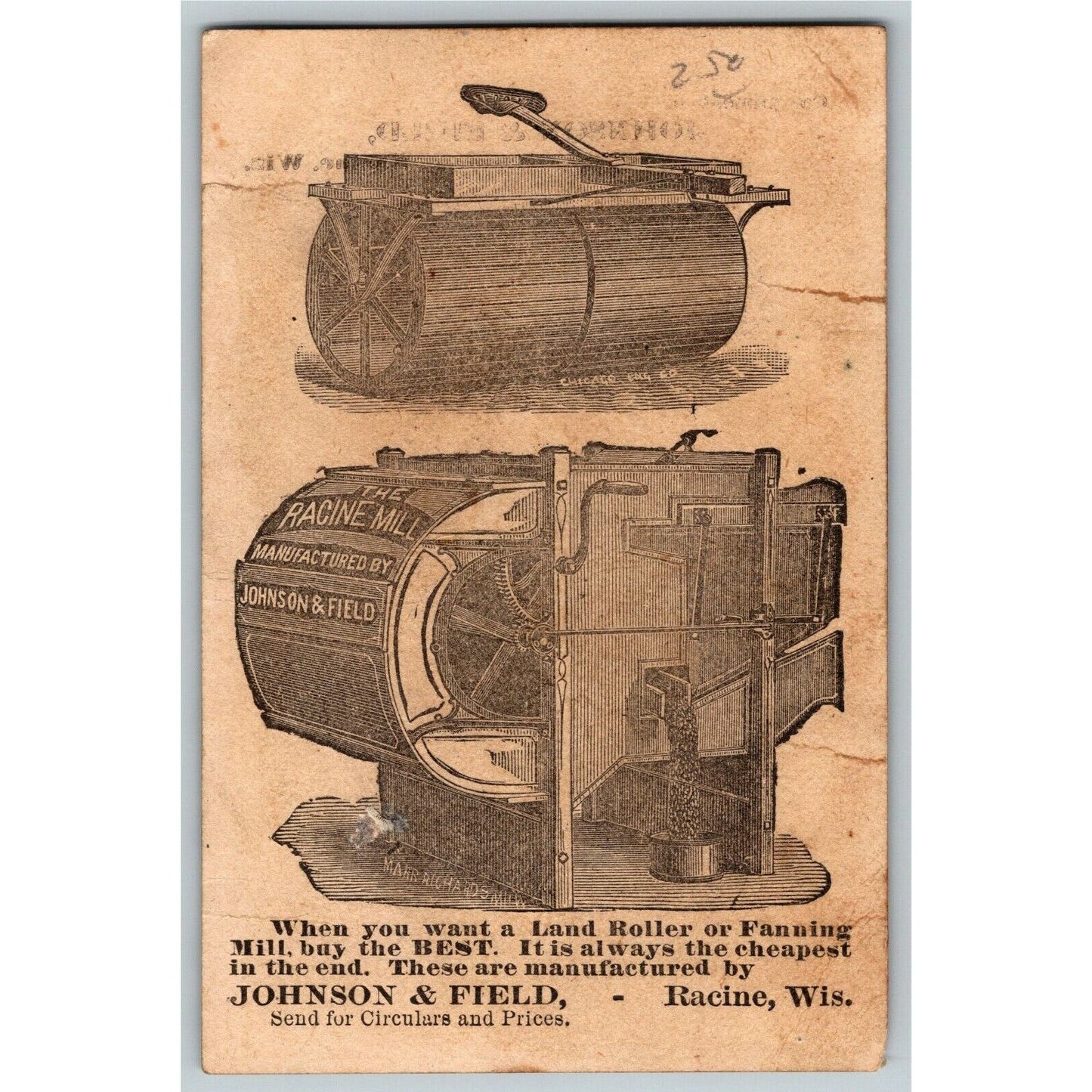 Johnson & Field, Racine, WIS. Land Roller Fanning Mill Victorian Trade Card