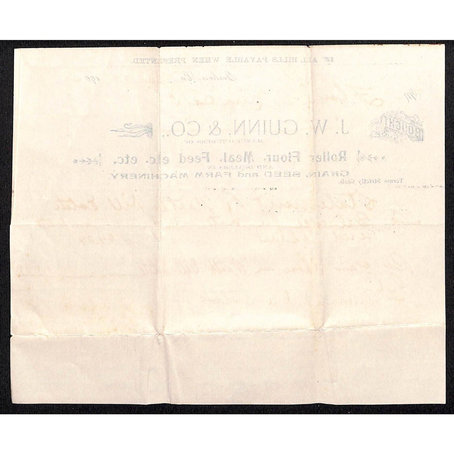 Goshen, VA J.W. Guinn & Co. Roller Flour Meal Grain Feed 1904 Billhead