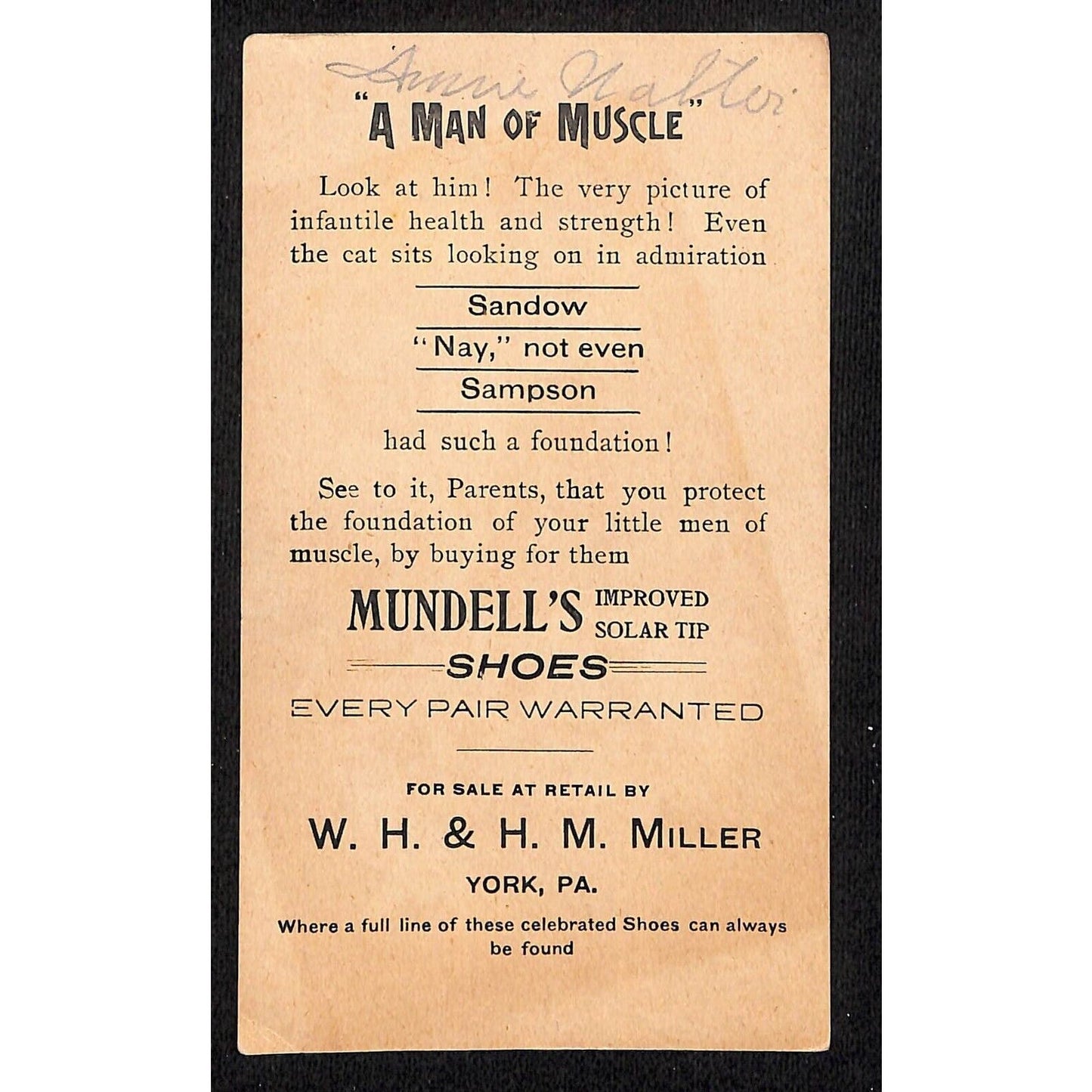 Mundell's Solar Tip Shoes WH & HM Miller York, PA Victorian Trade Card