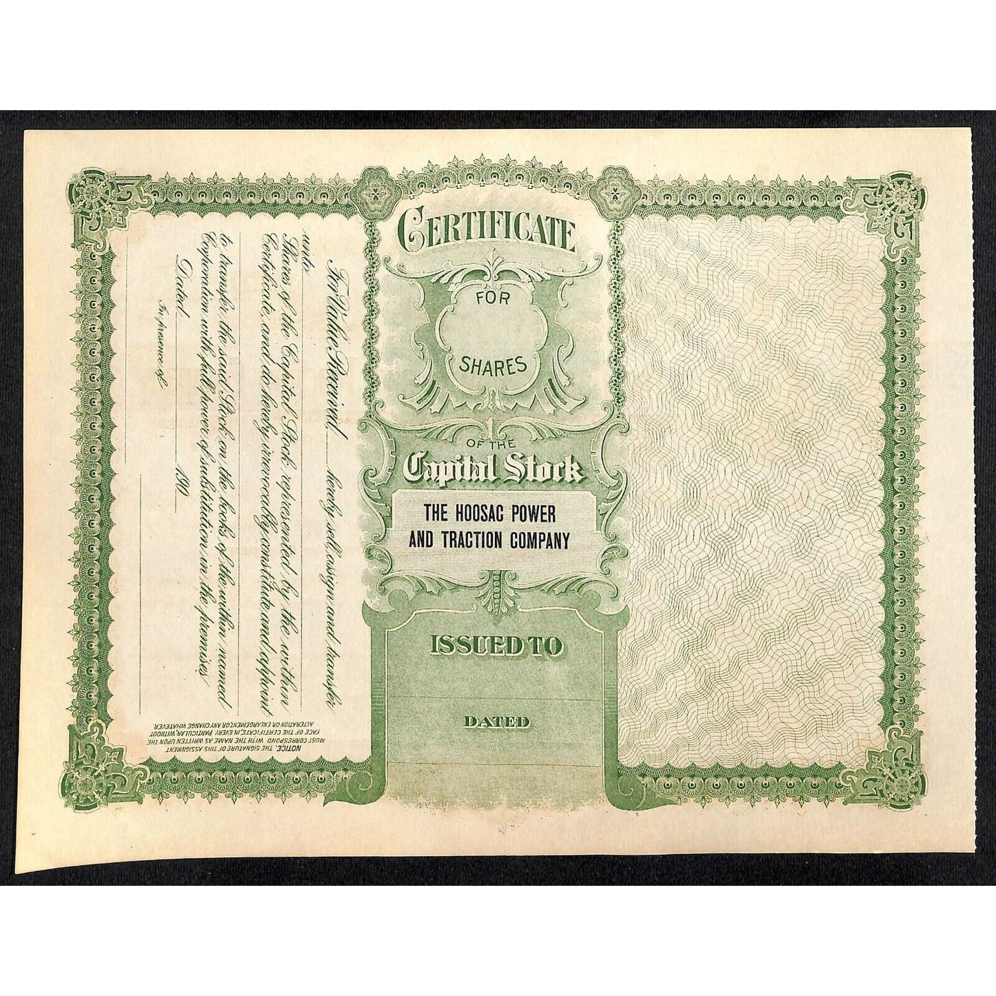 Hoosac Power and Traction Company Vermont c1901 - 1909 Stock Certificate Scarce