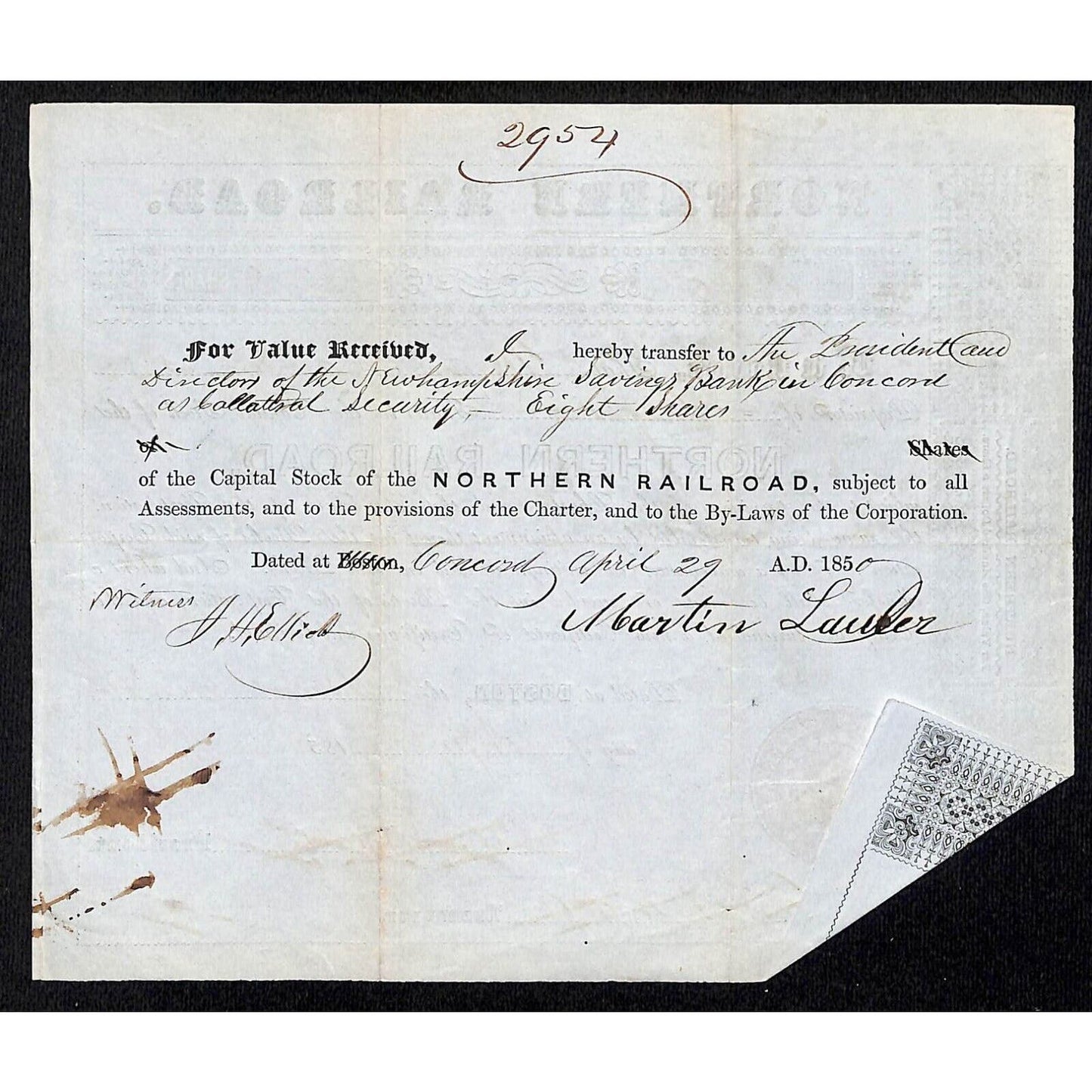 1850 Boston, MA Northern Railroad Stock Certificate No. 7680 for 8 Shares