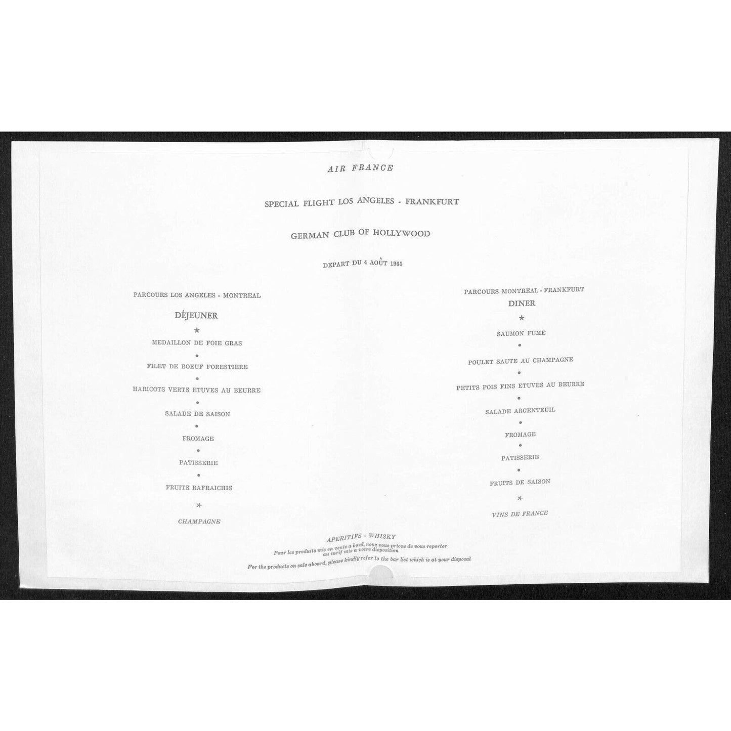 1965 Air France "German Club of Hollywood" - Special Flight Dinner Menu