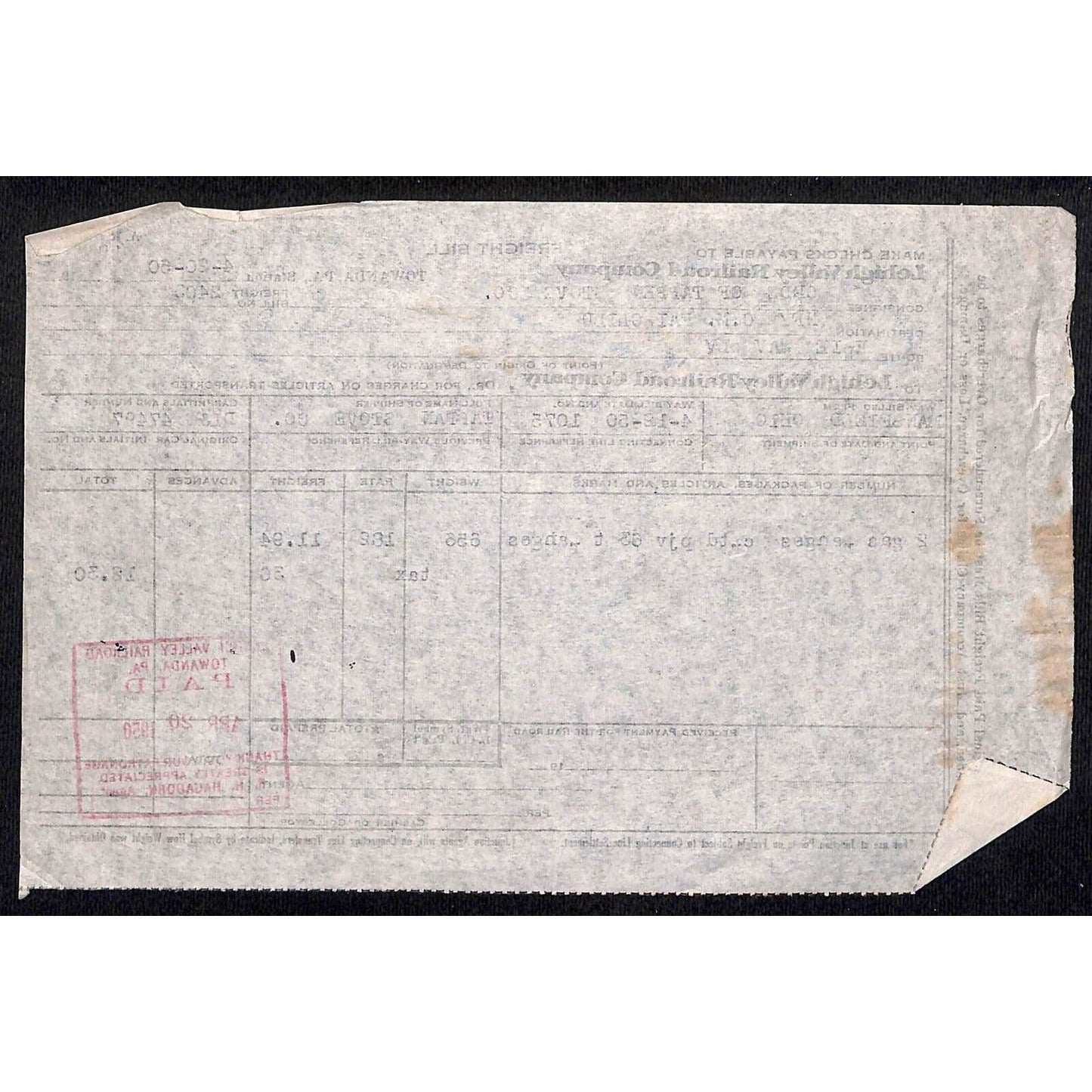 Lehigh Valley Railroad 1950 Freight Bill for 2 Gas Ranges #2403