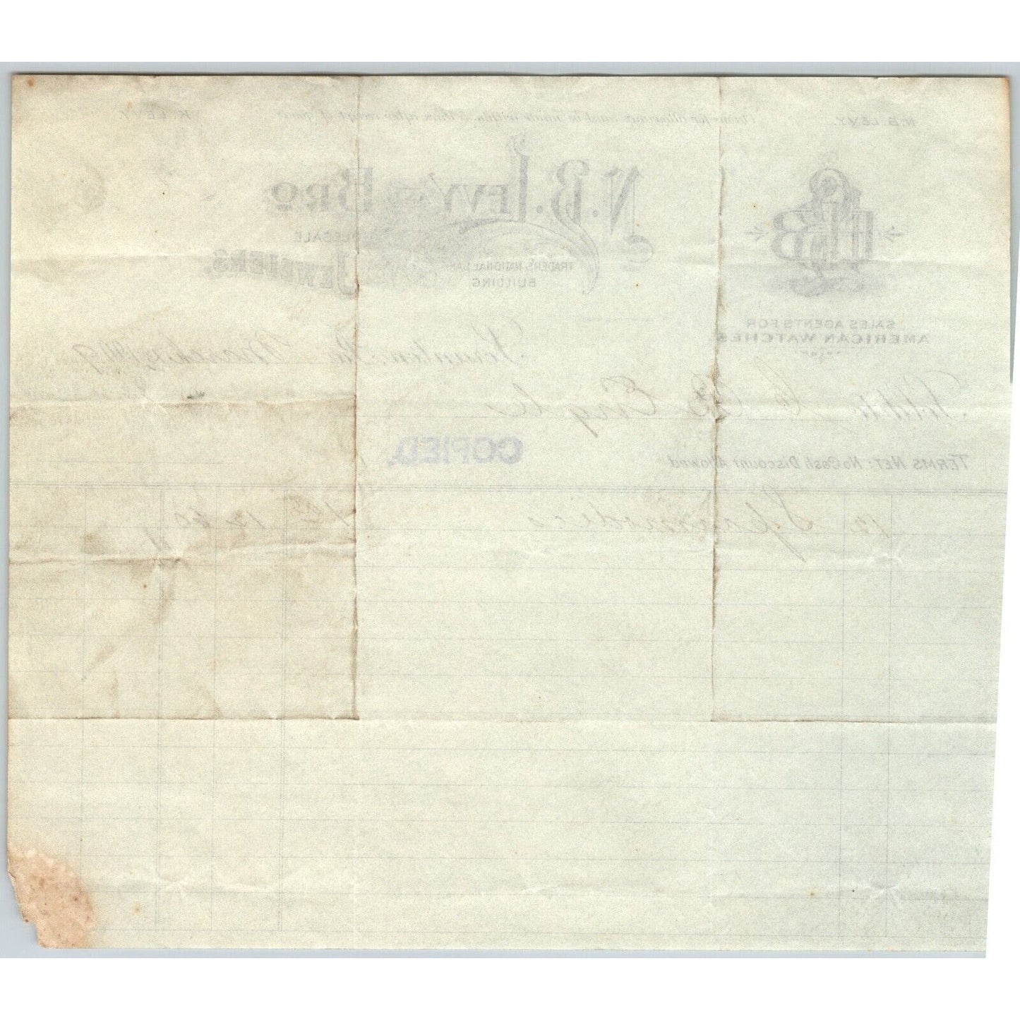 Scranton, PA NB Levy Jewelers "C.B. Engel" 1909 Billhead Spasmodics ?