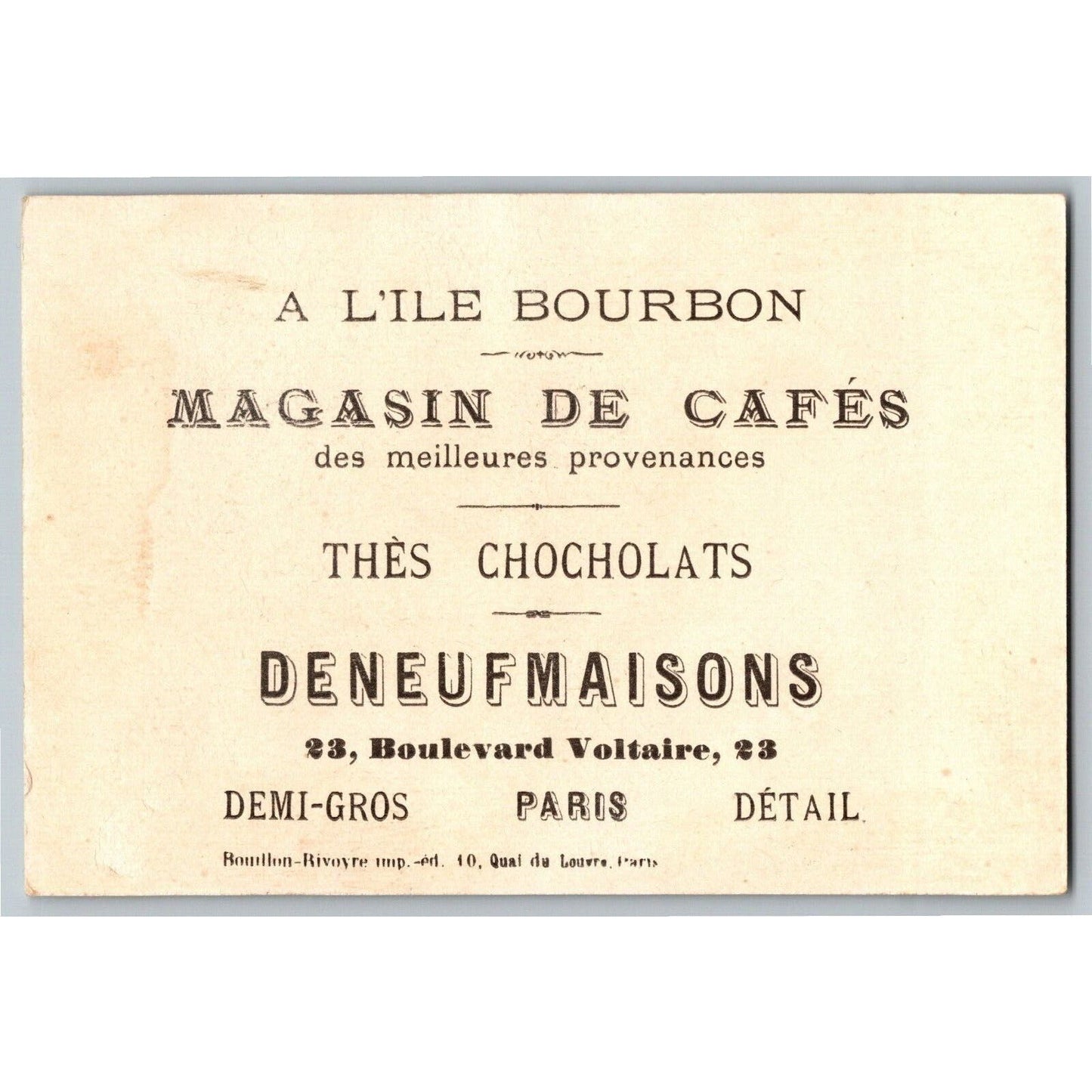 French Victorian Trade Card A L'île Bourbon Thes Chocolats Le Lion deVenu Vieux