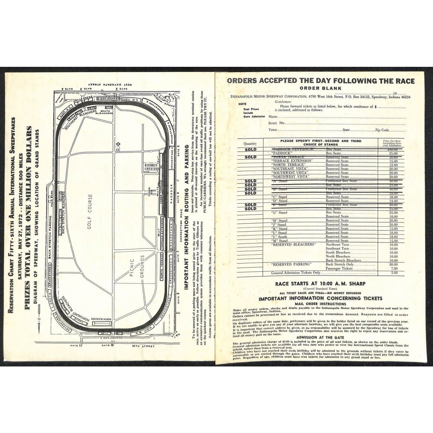 1972 Indy 500 Indianapolis IMS Unused Ticket Info Order Form Sheet w/ Map Scarce