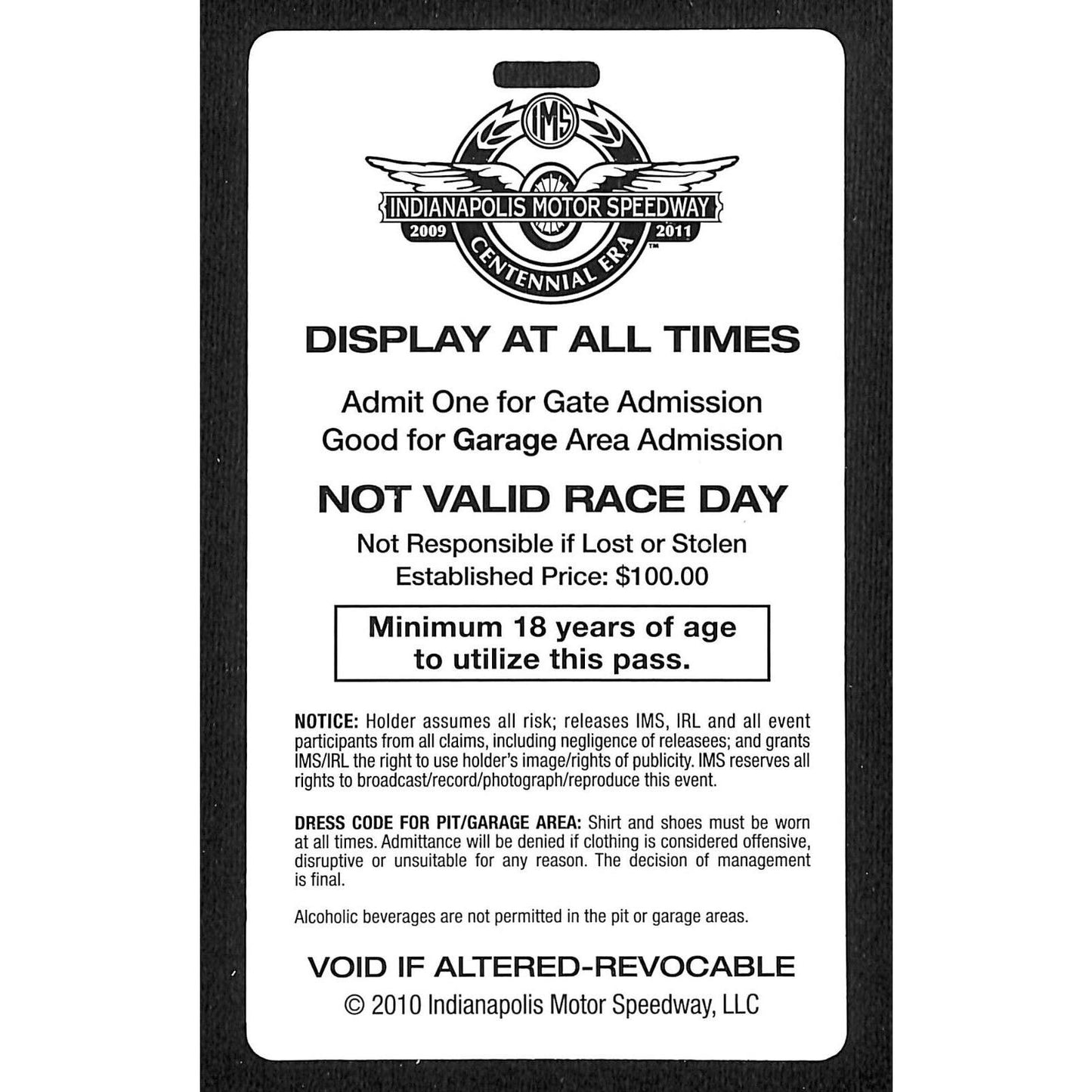 2010 Indy 500 Garage Access Ticket Pass Indianapolis IMS #2334 VGC Rick Mears