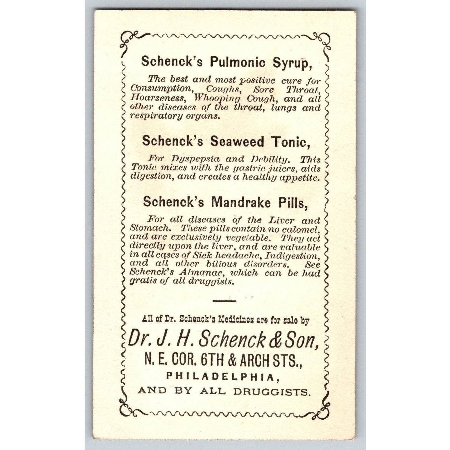 Schenck's Mandrake Pills Phila. Victorian Trade Card "For Bilious Complaints"