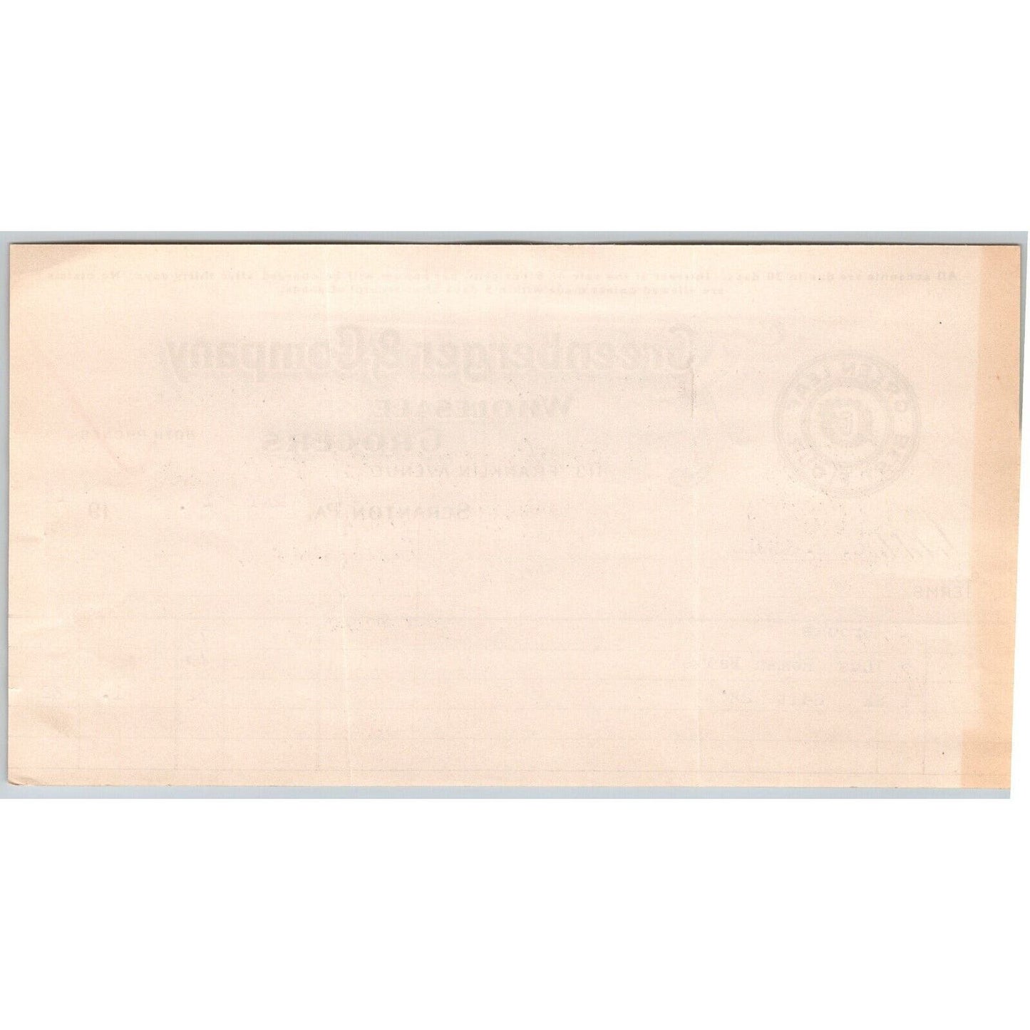 Scranton PA Greenberger & Co. Grocers 1918 "C.B. Engel" Billhead Roman Beans