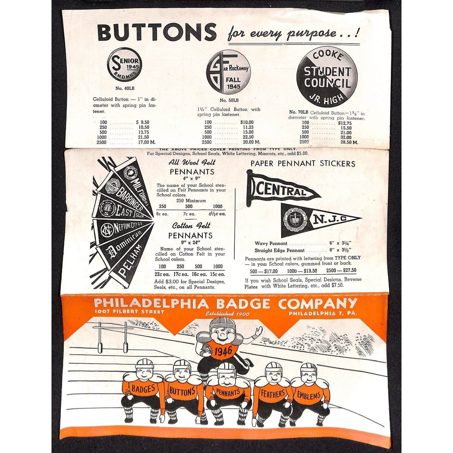 1946 Philadelphia Badge Co. School Sports Football Pinback Button Flyer Sheet