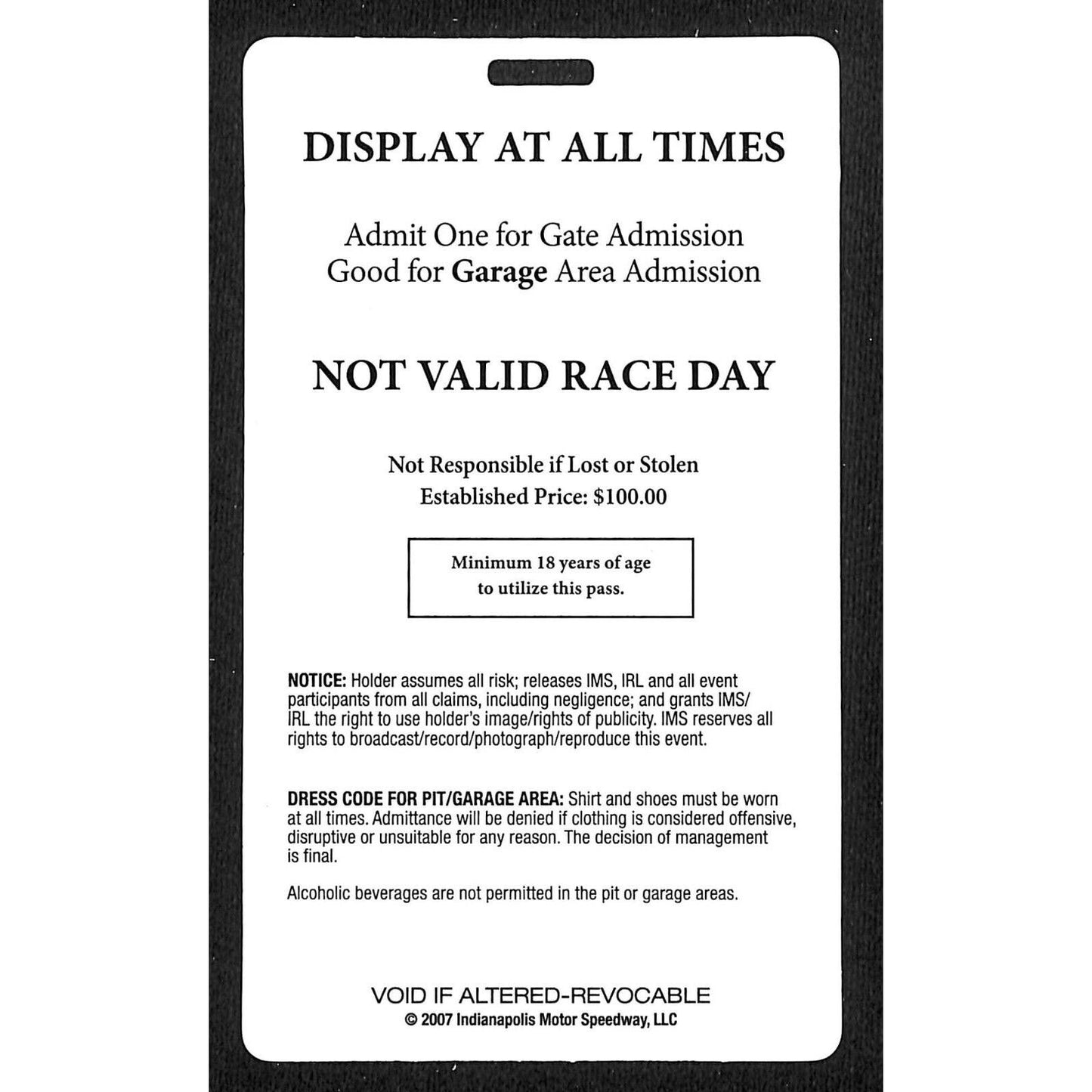 2007 Indy 500 Garage Access Ticket Pass Indianapolis IMS #2245 VGC