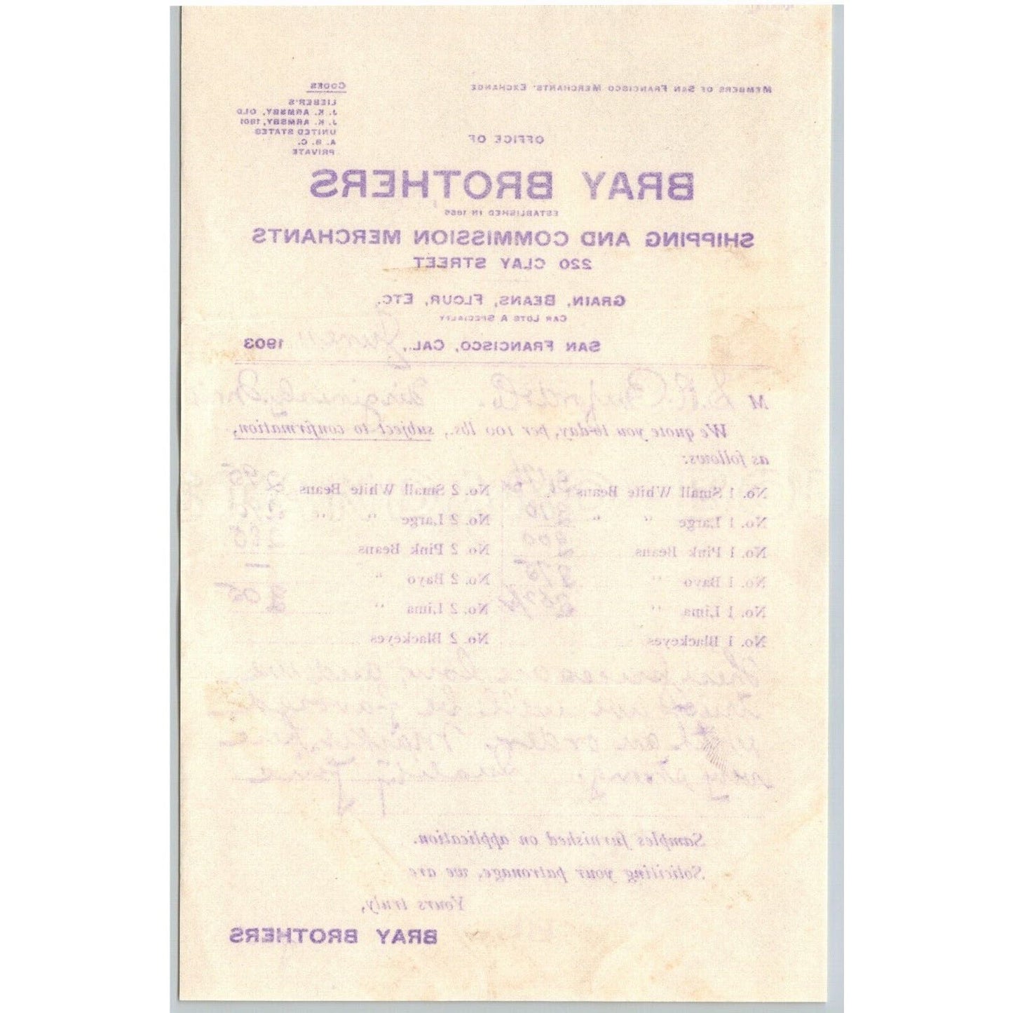 1903 Bray Brothers San Francisco Fruit Letterhead Billhead - S.R. Buford Montana