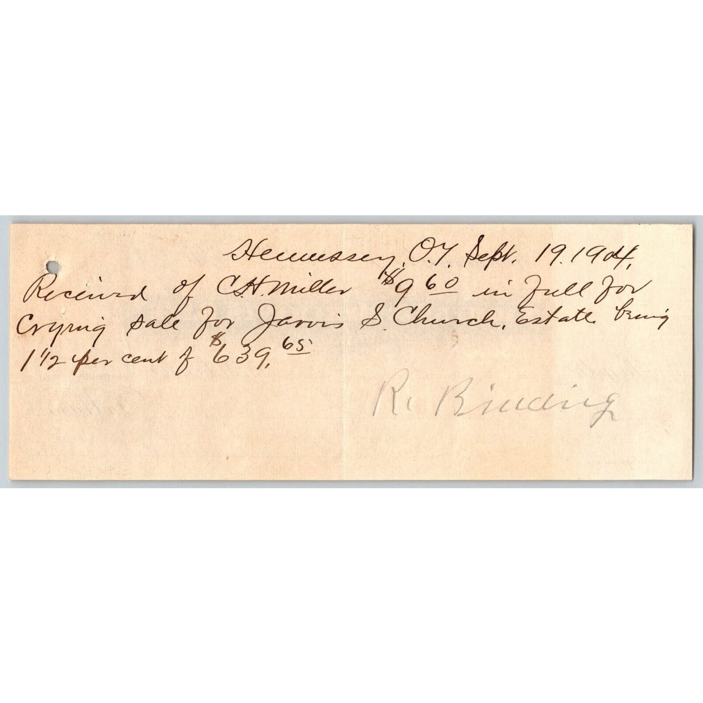 Hennessey, OK Indian Territory 1904 Bank Check Used as a Receipt Estate Sale