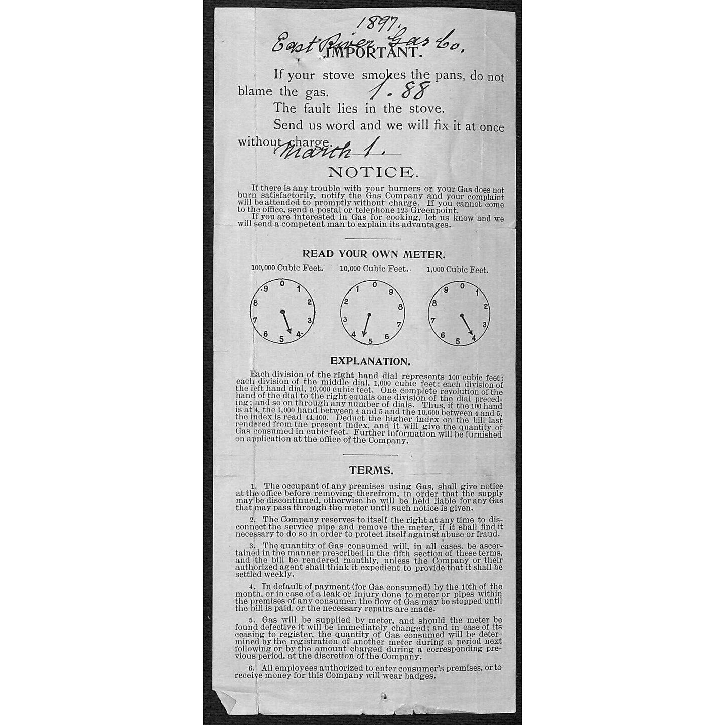 The East River Gas Co. 1897 Payment Receipt w/ Copious Text on Reverse / NY