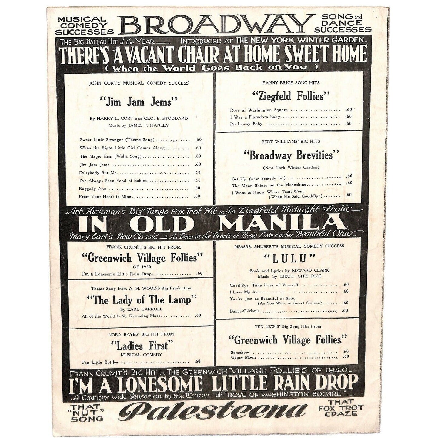 Vintage Post WWI Era 1920 Sheet Music "Palesteena"
